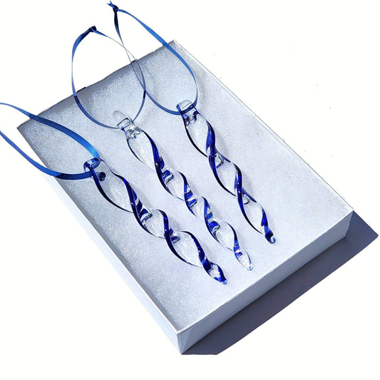 Set of 3 blue glass icicle ornaments in a gift box with blue ribbons, perfect handmade Christmas decorations or Secret Santa gifts.