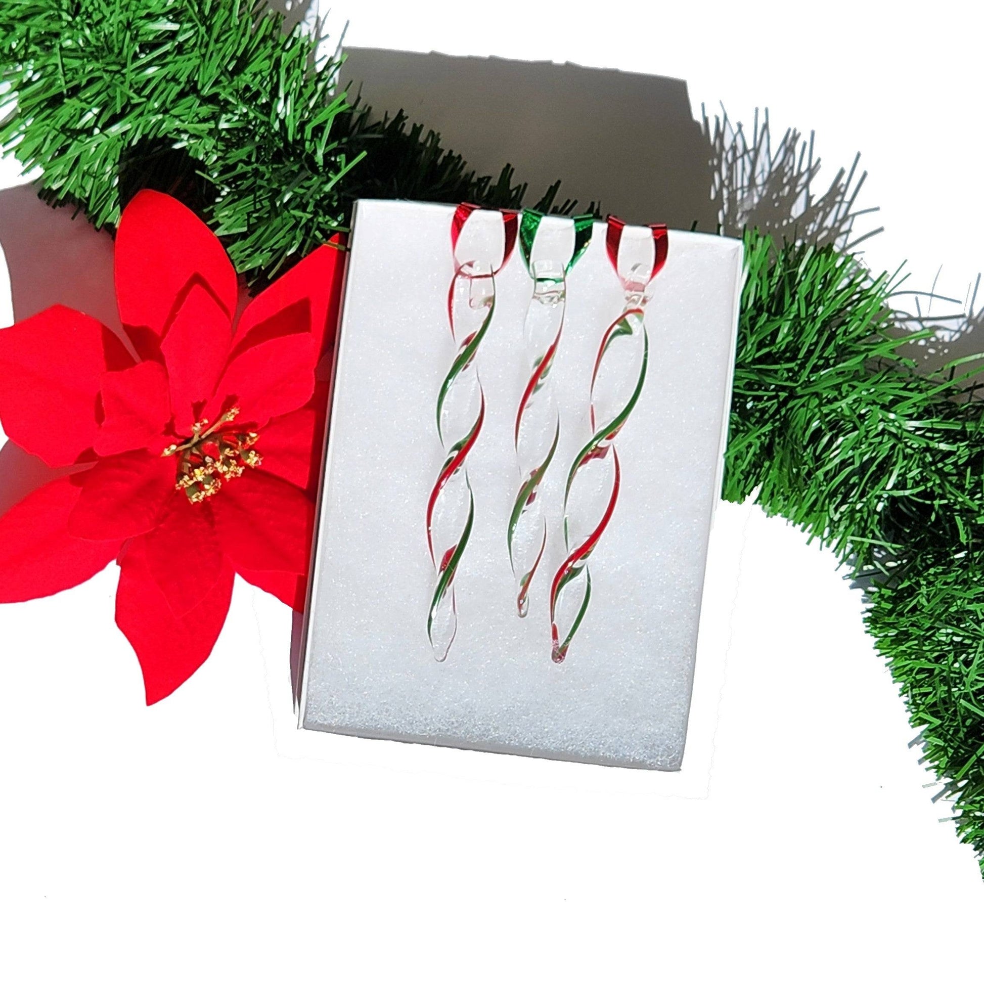 Unique Handmade Glass Icicle Ornaments - Festive 3-Piece Ornament Set displayed in a gift box with red and green swirls, perfect for holiday decor.