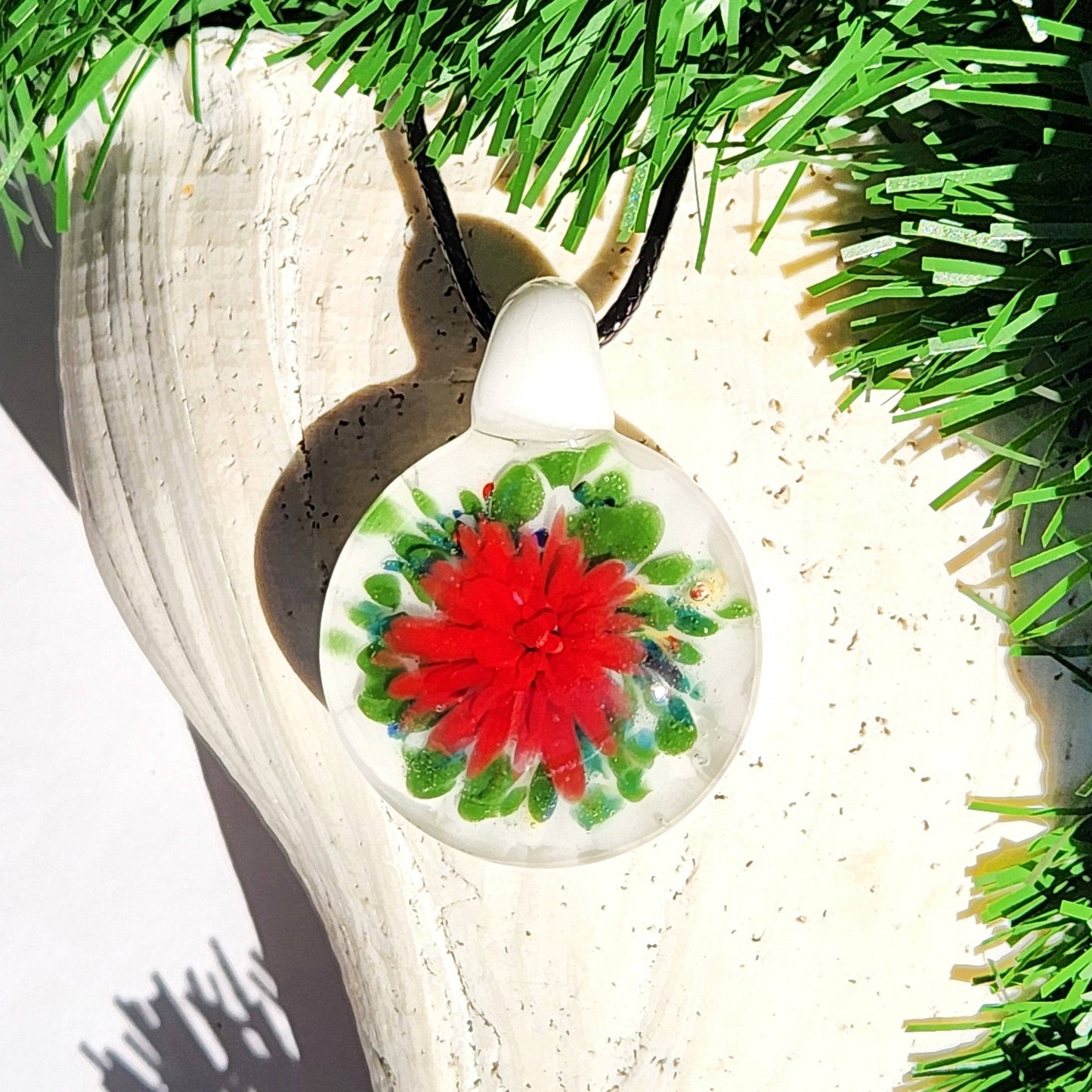 Poinsettia Glass Pendant Necklace – Handmade Christmas Jewelry