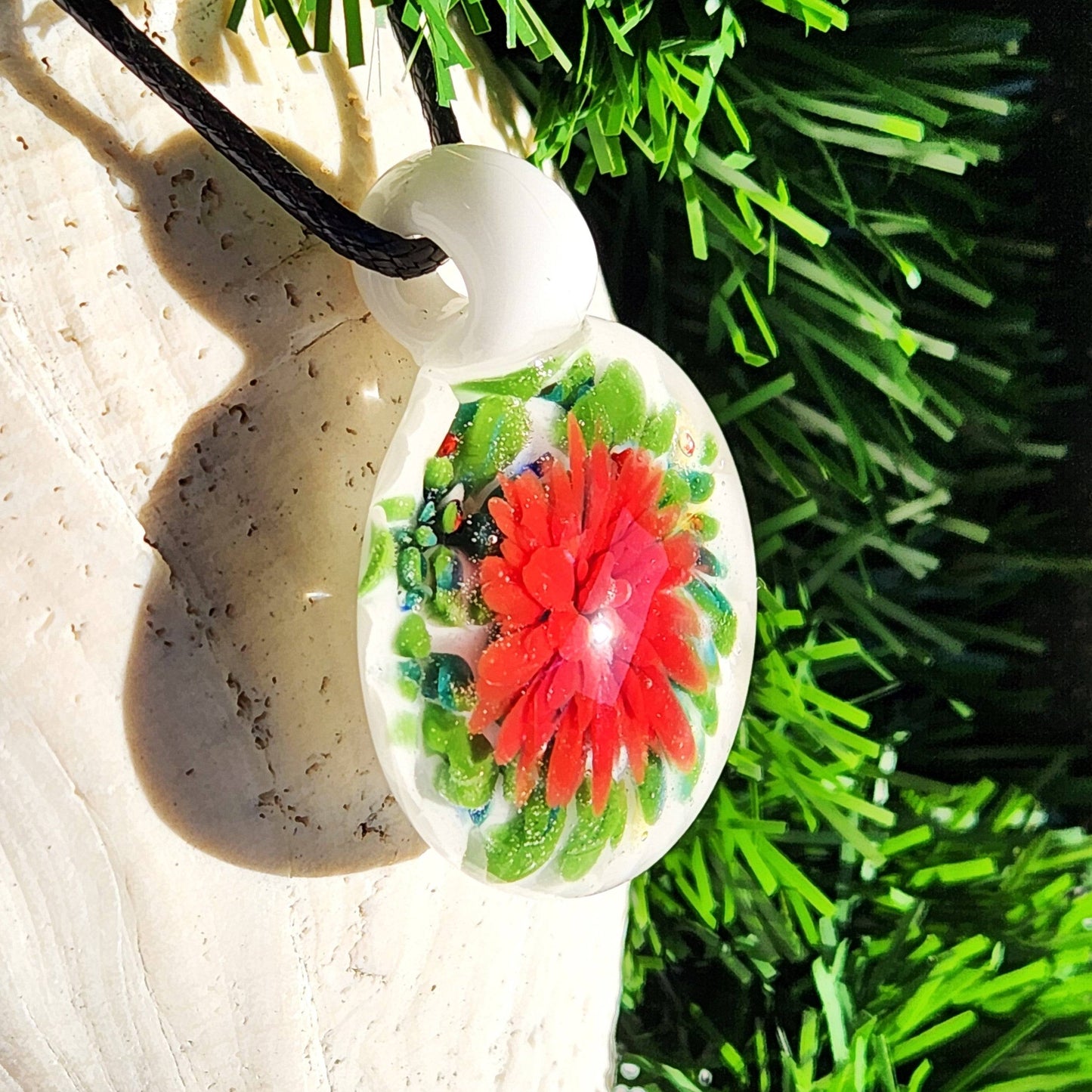 Poinsettia Glass Pendant Necklace – Handmade Christmas Jewelry