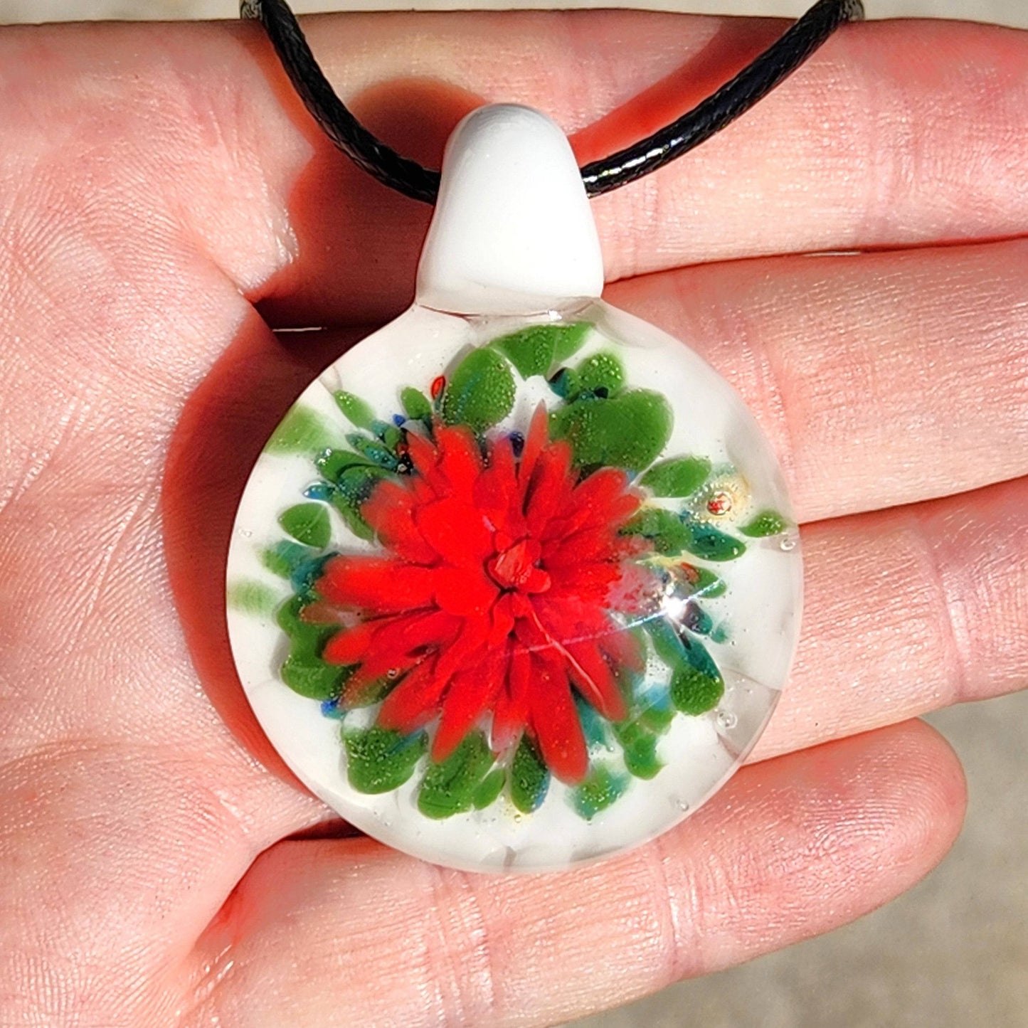 Poinsettia Glass Pendant Necklace – Handmade Christmas Jewelry