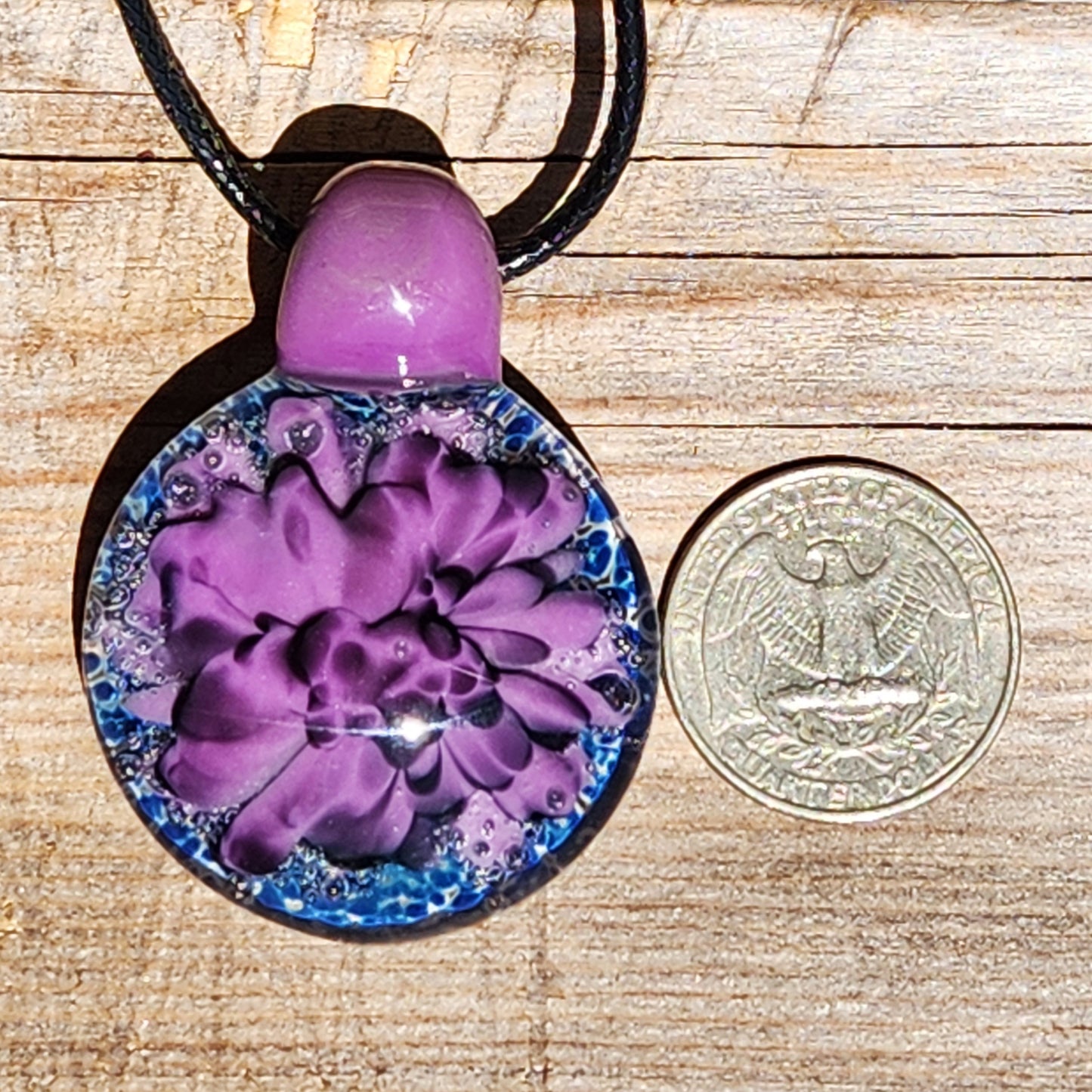 Handblown Borosilicate Glass Pendant: Purple and Black on a Multicolor Background
