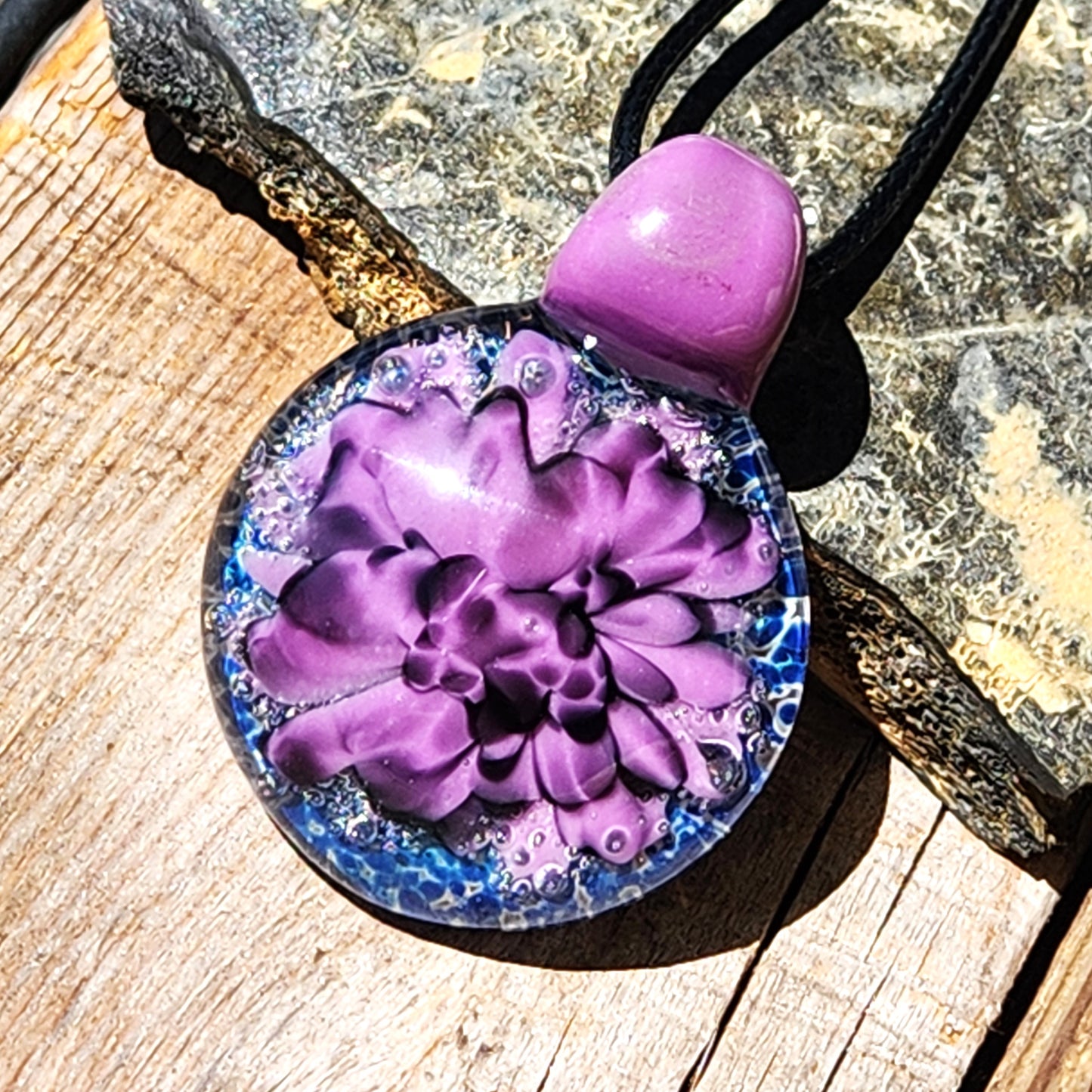 Handblown Borosilicate Glass Pendant: Purple and Black on a Multicolor Background