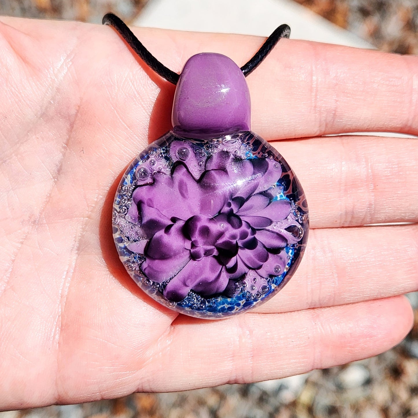 Handblown Borosilicate Glass Pendant: Purple and Black on a Multicolor Background