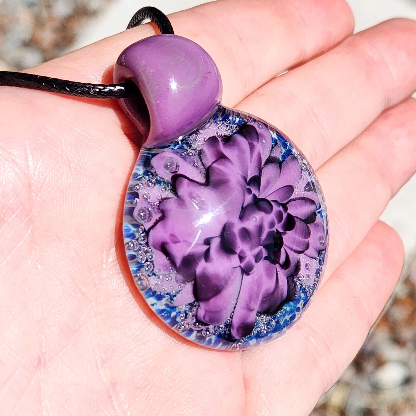 Handblown Borosilicate Glass Pendant: Purple and Black on a Multicolor Background