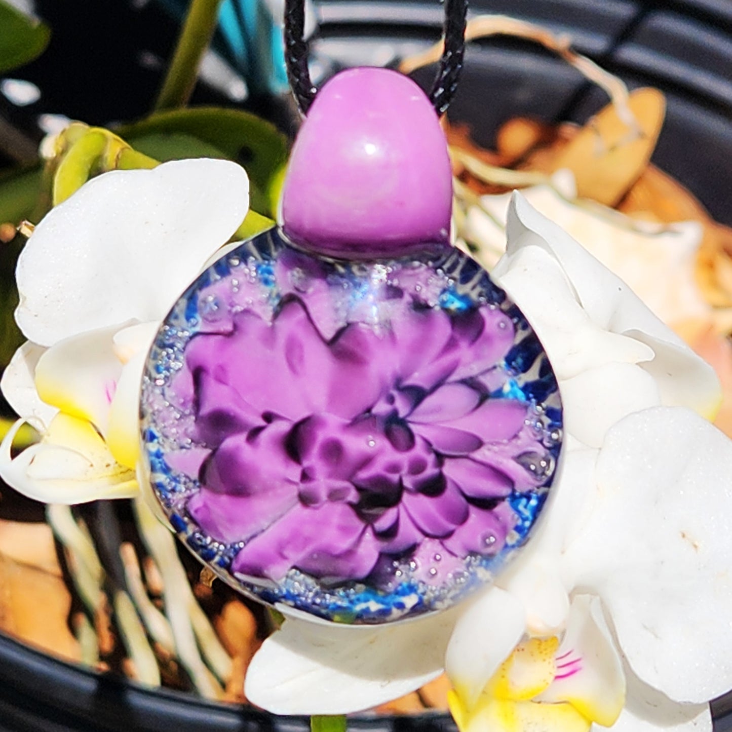 Handblown Borosilicate Glass Pendant: Purple and Black on a Multicolor Background