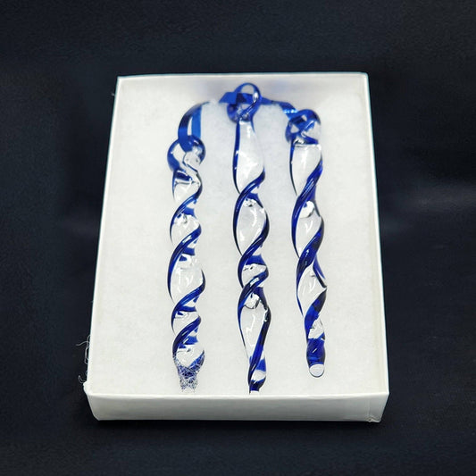 Handmade glass Christmas decoration set featuring three blue and clear twisted icicle ornaments in a white gift box. Ideal for holiday trees or garden décor.