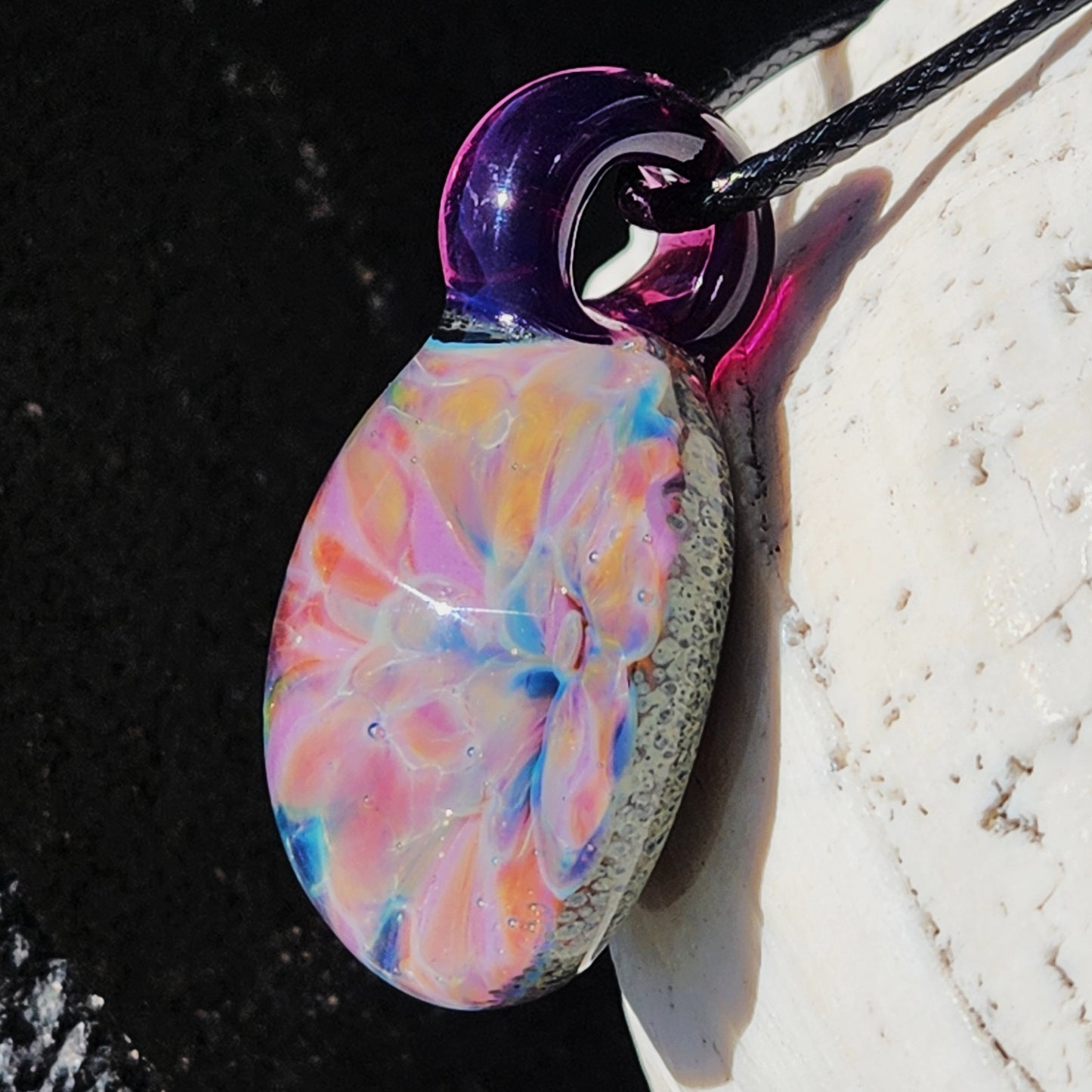 Handmade Iridescent Glass Pendant Necklace with Purple Loop