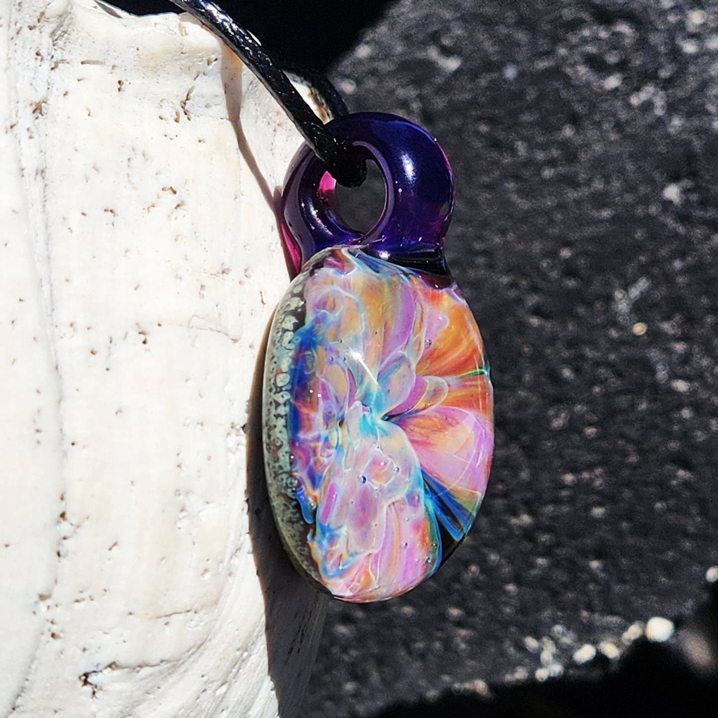 Handmade Iridescent Glass Pendant Necklace with Purple Loop