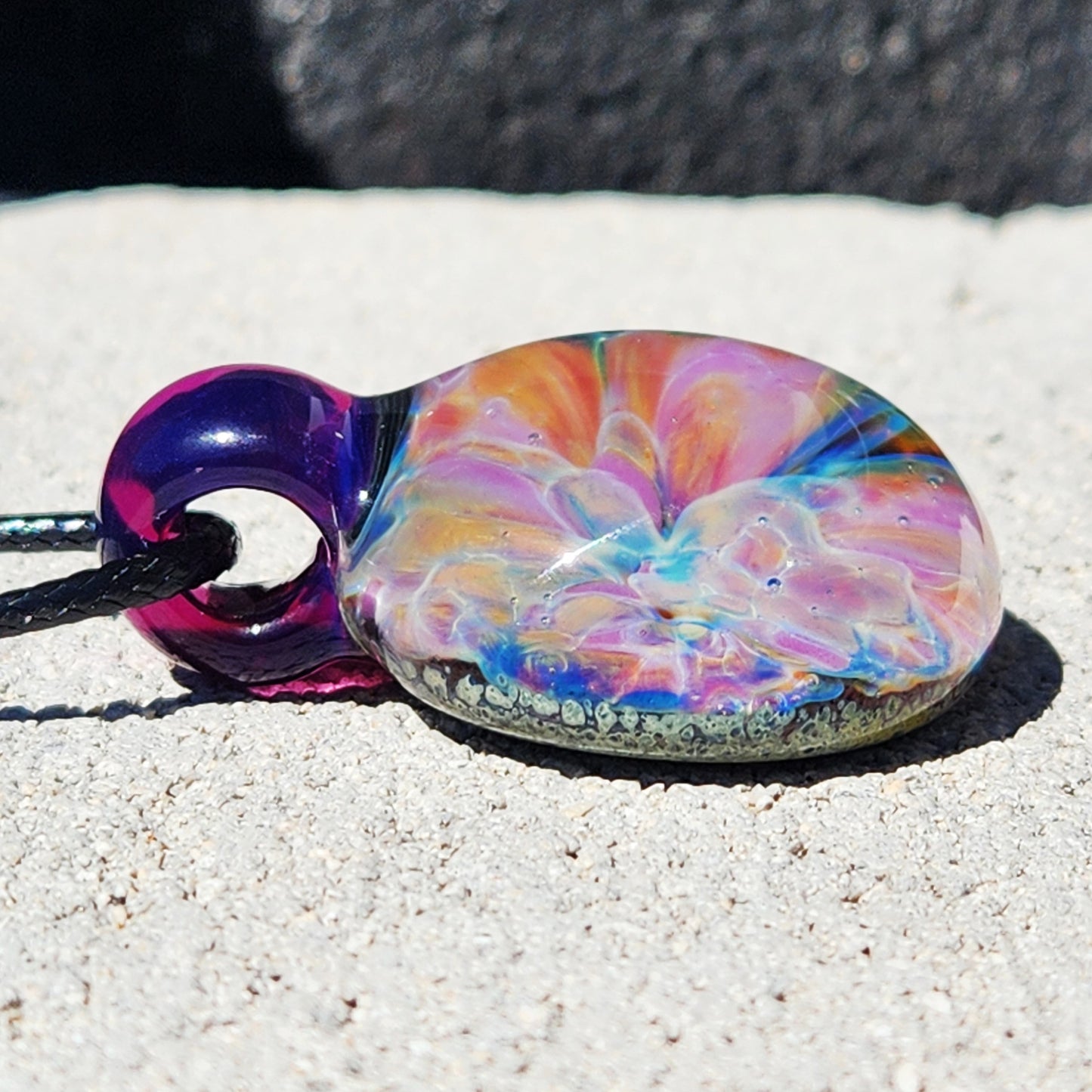 Handmade Iridescent Glass Pendant Necklace with Purple Loop