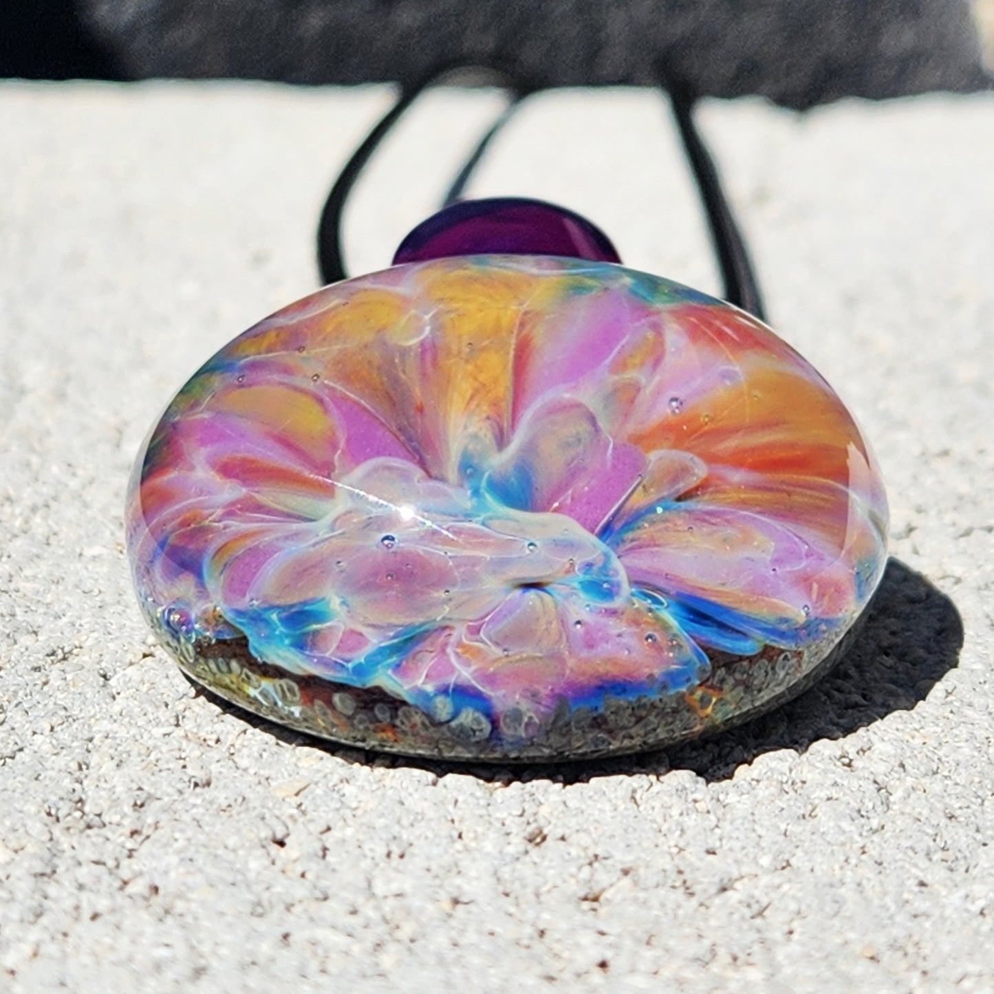 Handmade Iridescent Glass Pendant Necklace with Purple Loop