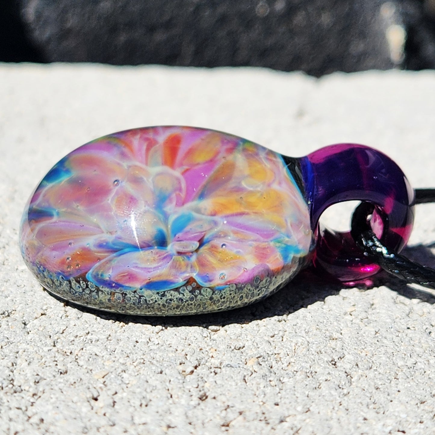 Handmade Iridescent Glass Pendant Necklace with Purple Loop