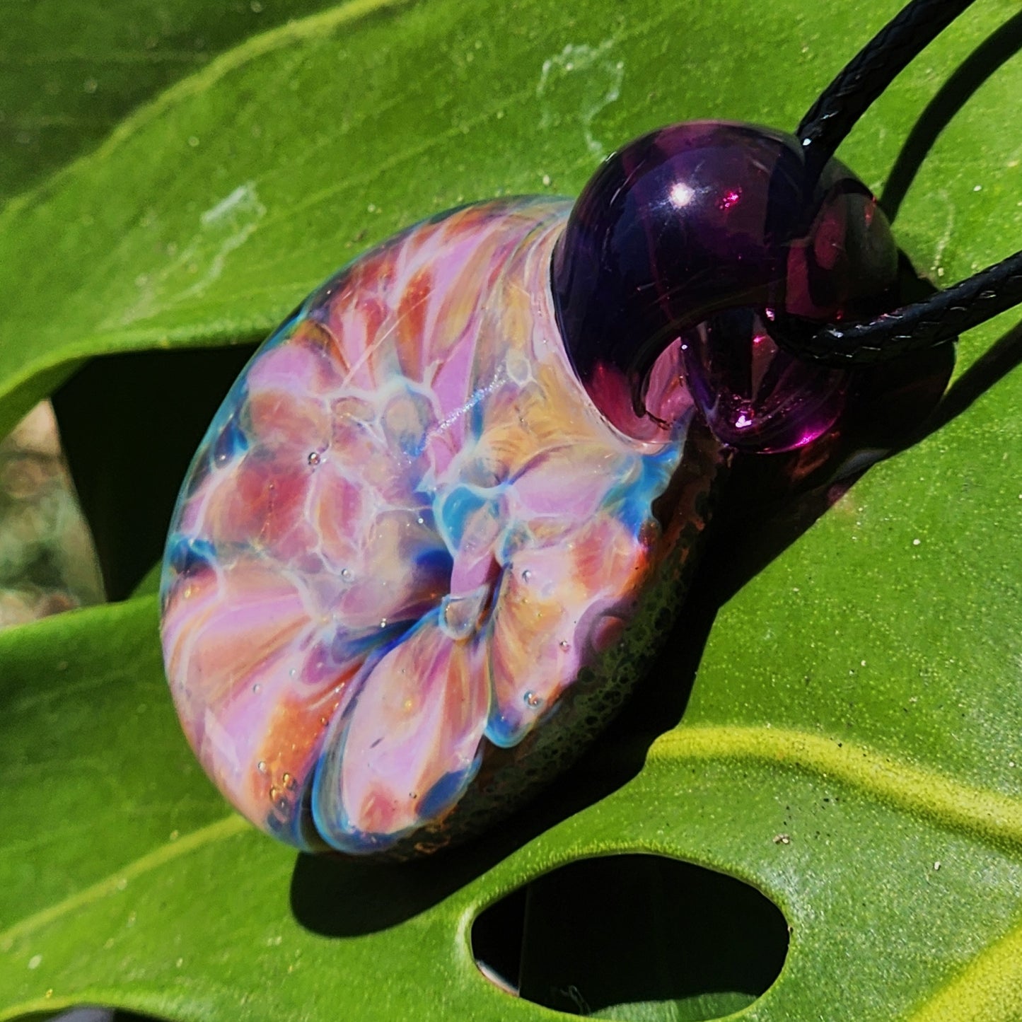 Handmade Iridescent Glass Pendant Necklace with Purple Loop