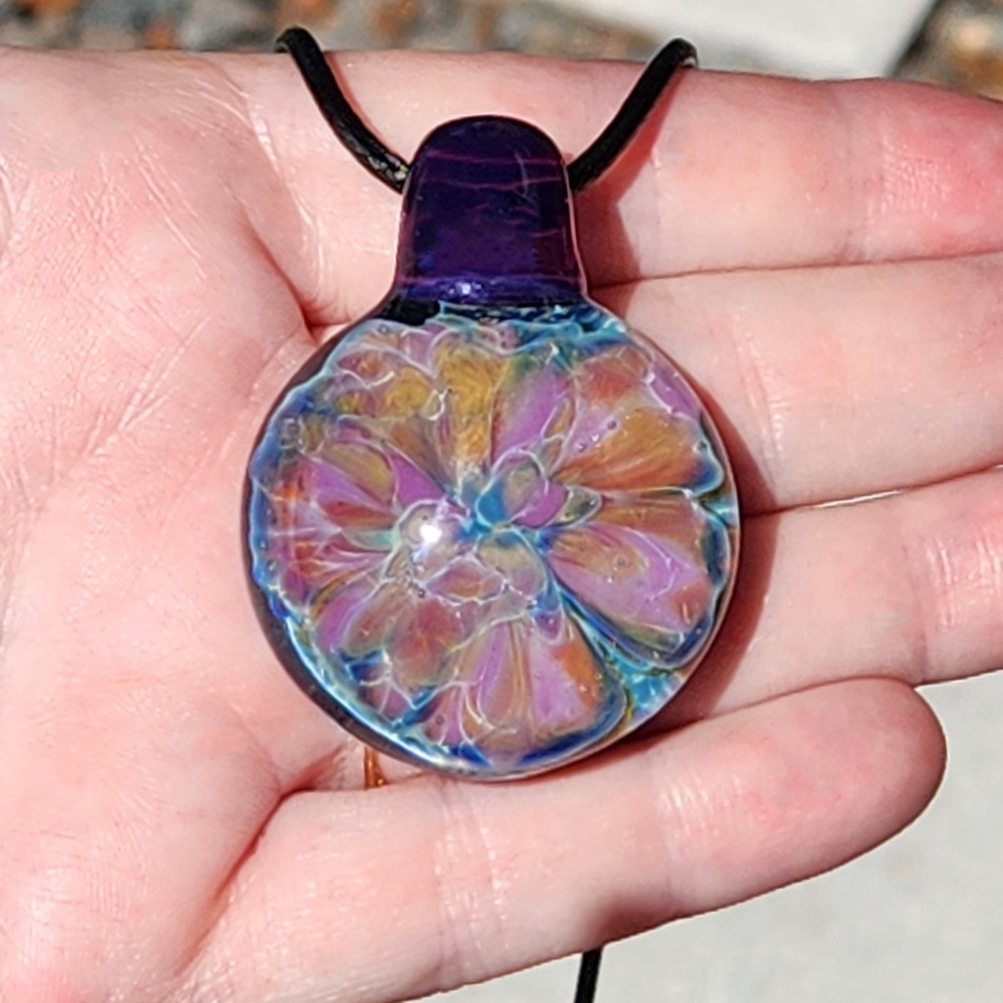 Handmade Iridescent Glass Pendant Necklace with Purple Loop
