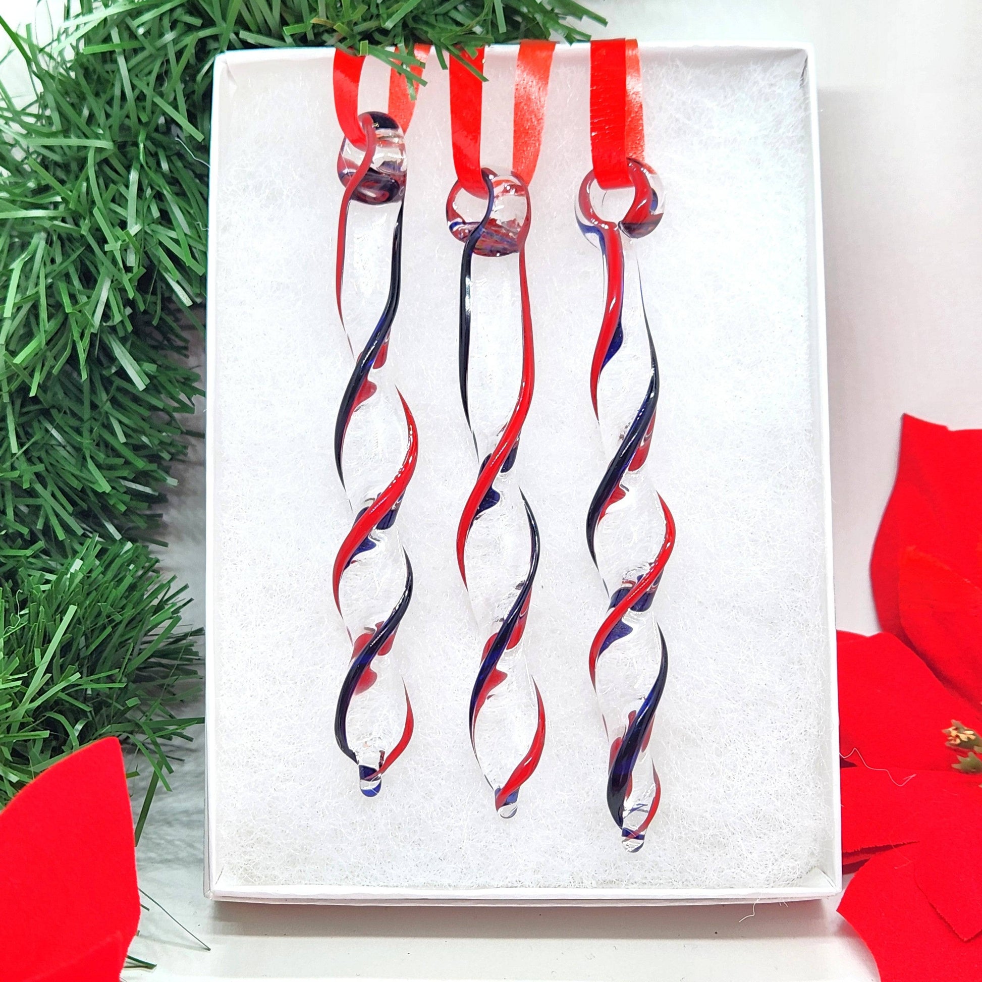 Gift-ready Red & Blue Glass Christmas Ornaments set in a white box, featuring handmade twisted icicle design for holiday gifting and decor.