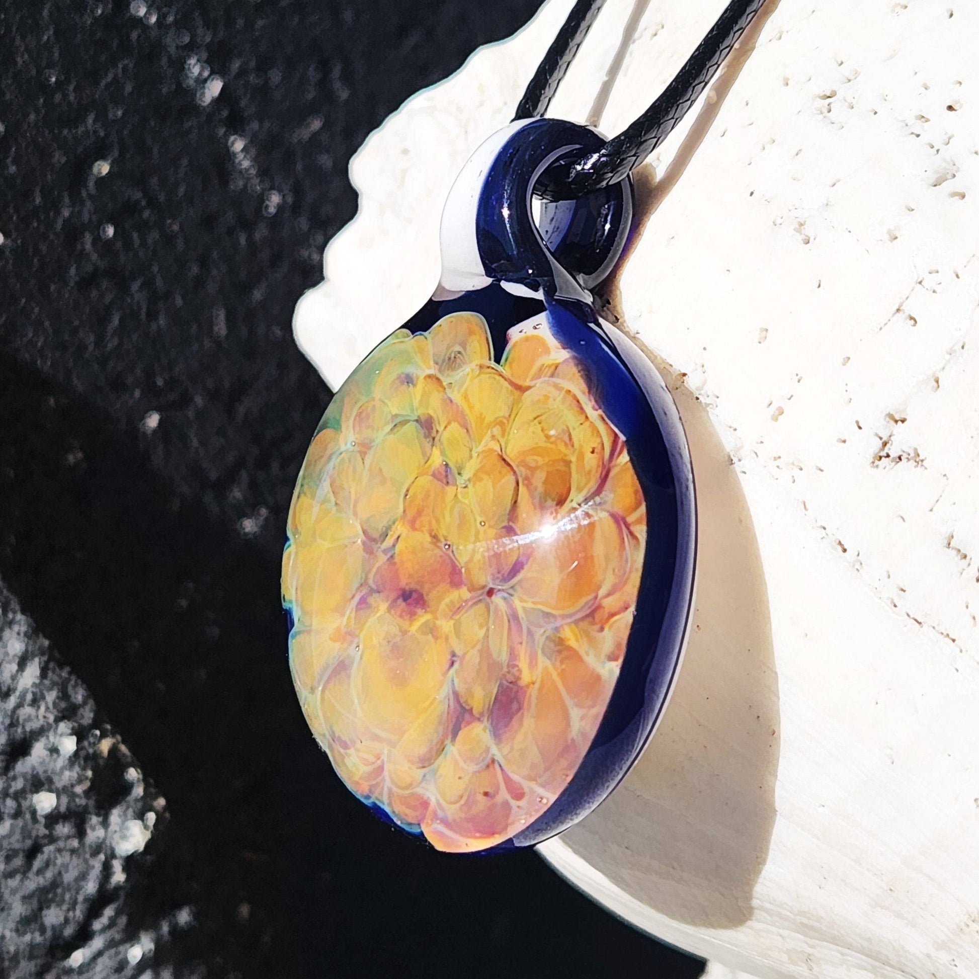 Hand Blown Glass Pendant Necklace. Splash of yellow and Purple DragonFireGlass