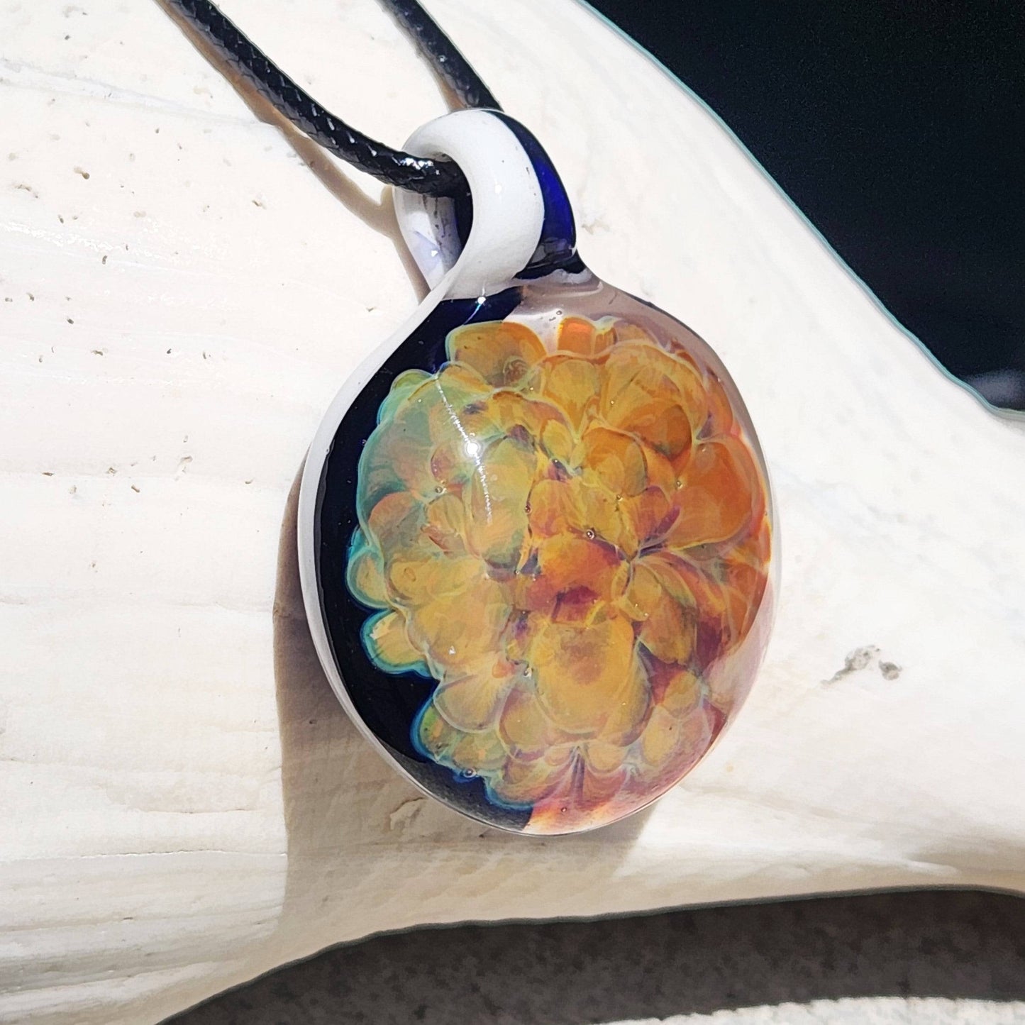 Hand Blown Glass Pendant Necklace. Splash of yellow and Purple DragonFireGlass