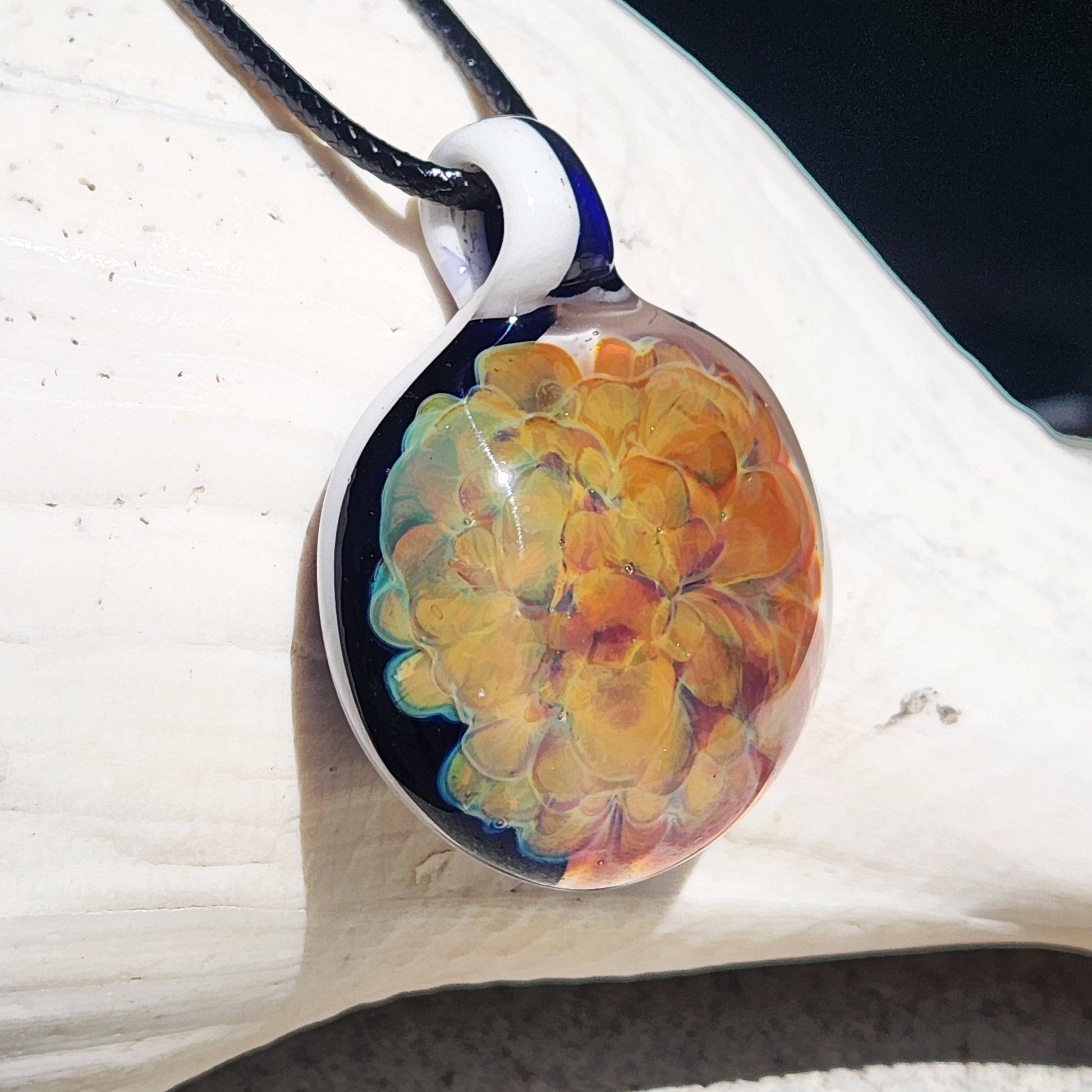 Hand Blown Glass Pendant Necklace. Splash of yellow and Purple DragonFireGlass