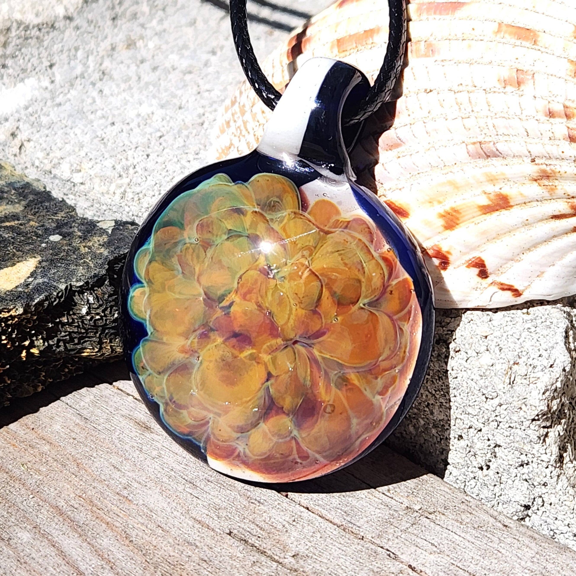 Hand Blown Glass Pendant Necklace. Splash of yellow and Purple DragonFireGlass