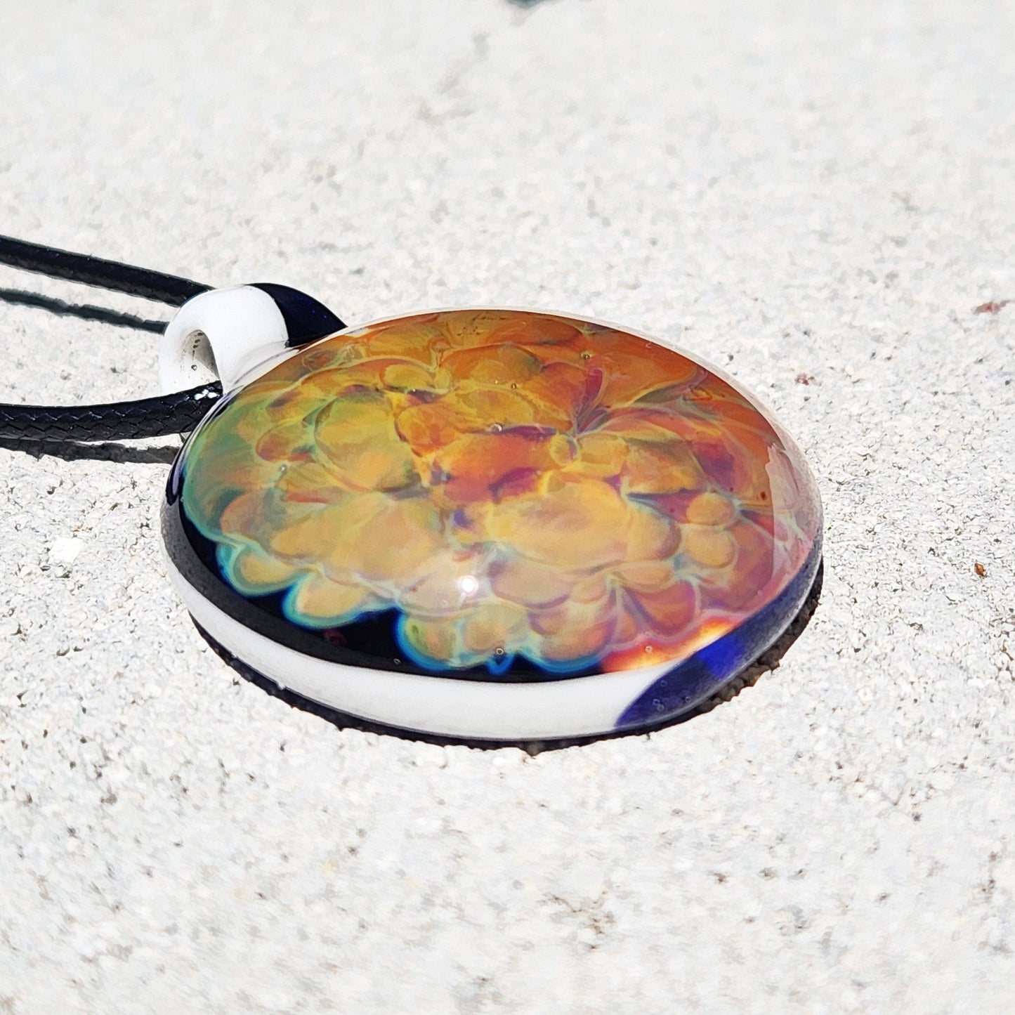 Hand Blown Glass Pendant Necklace. Splash of yellow and Purple DragonFireGlass