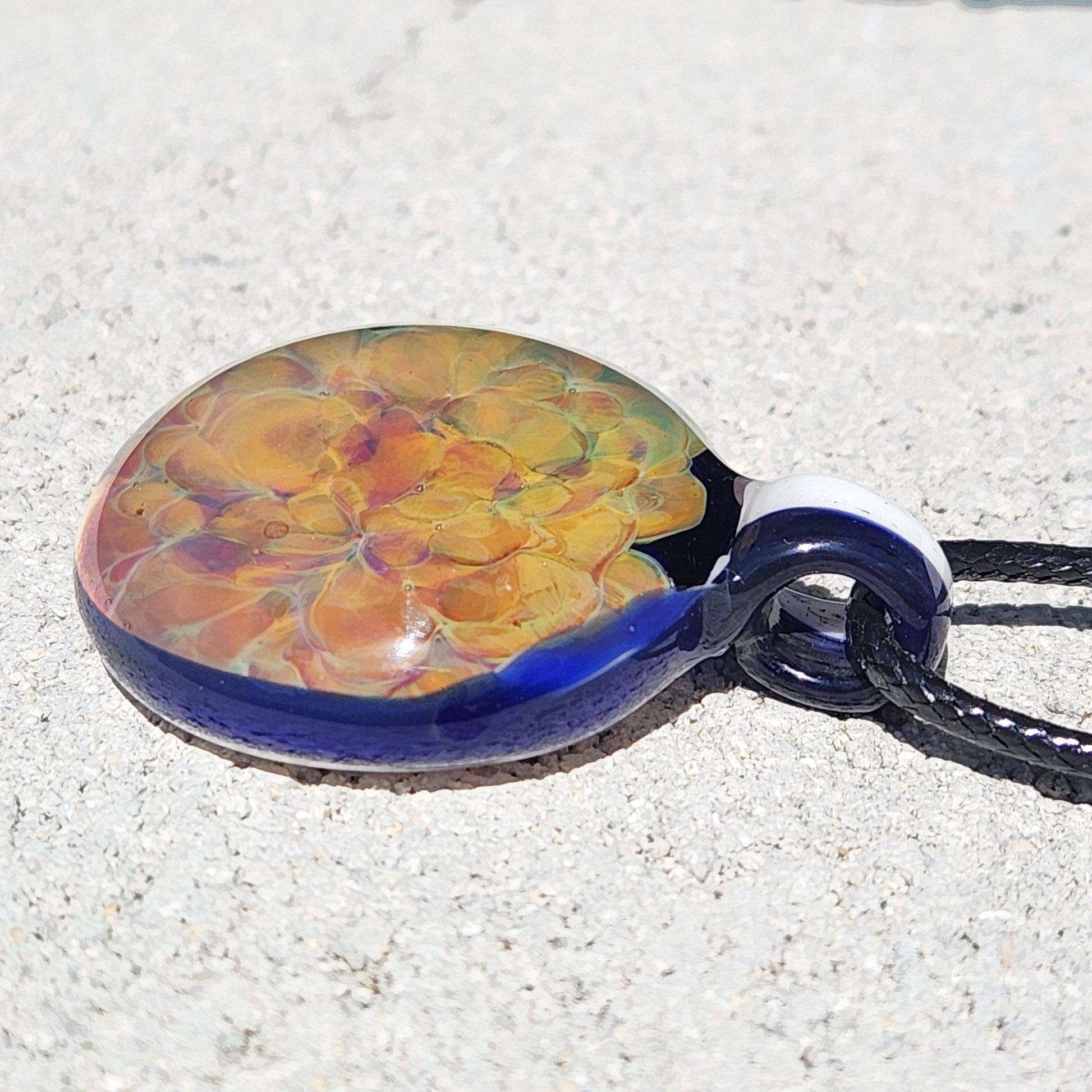 Hand Blown Glass Pendant Necklace. Splash of yellow and Purple DragonFireGlass