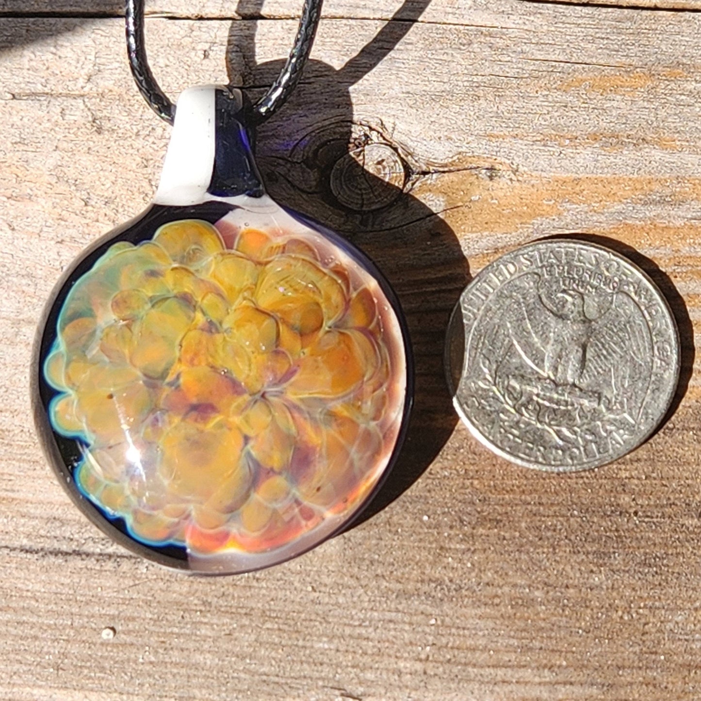 Hand Blown Glass Pendant Necklace. Splash of yellow and Purple DragonFireGlass
