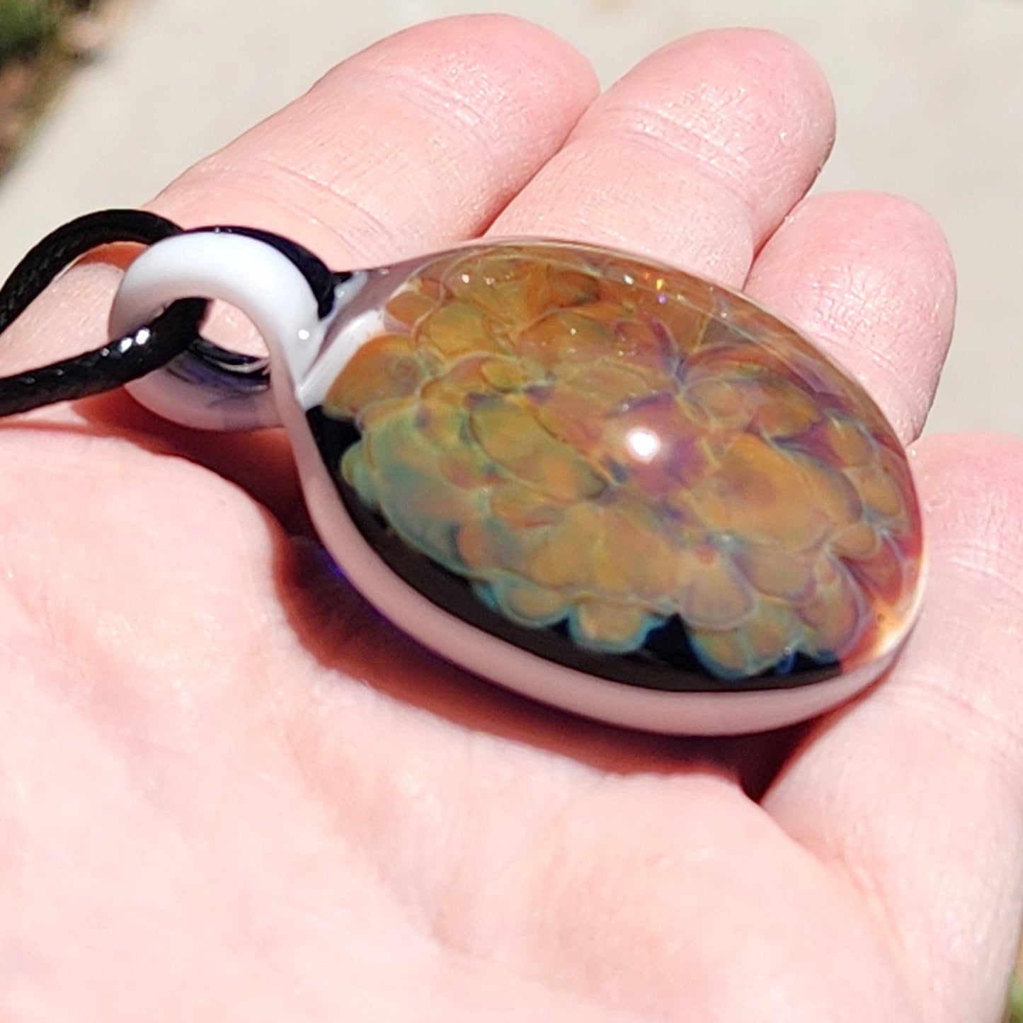 Hand Blown Glass Pendant Necklace. Splash of yellow and Purple DragonFireGlass