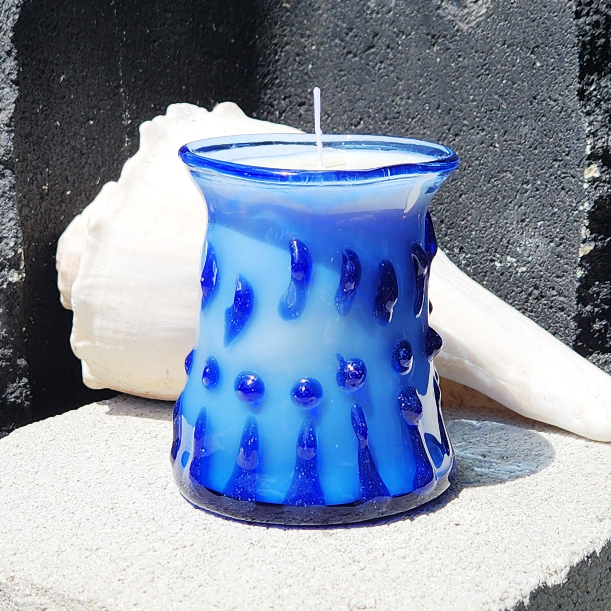 Handcrafted Blue Blown Borosilicate Glass Candle Holder with Soy Wax Candle DragonFireGlass