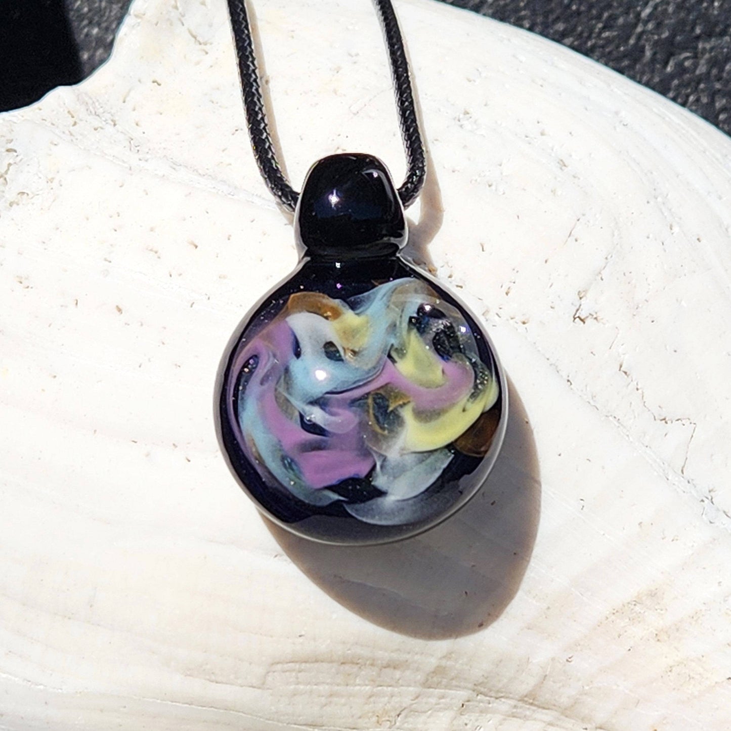 Handmade Blown Glass Pendant: Colorful Wisps with Gold Accents on Adjustable Cord - Perfect Gift Idea! DragonFireGlass