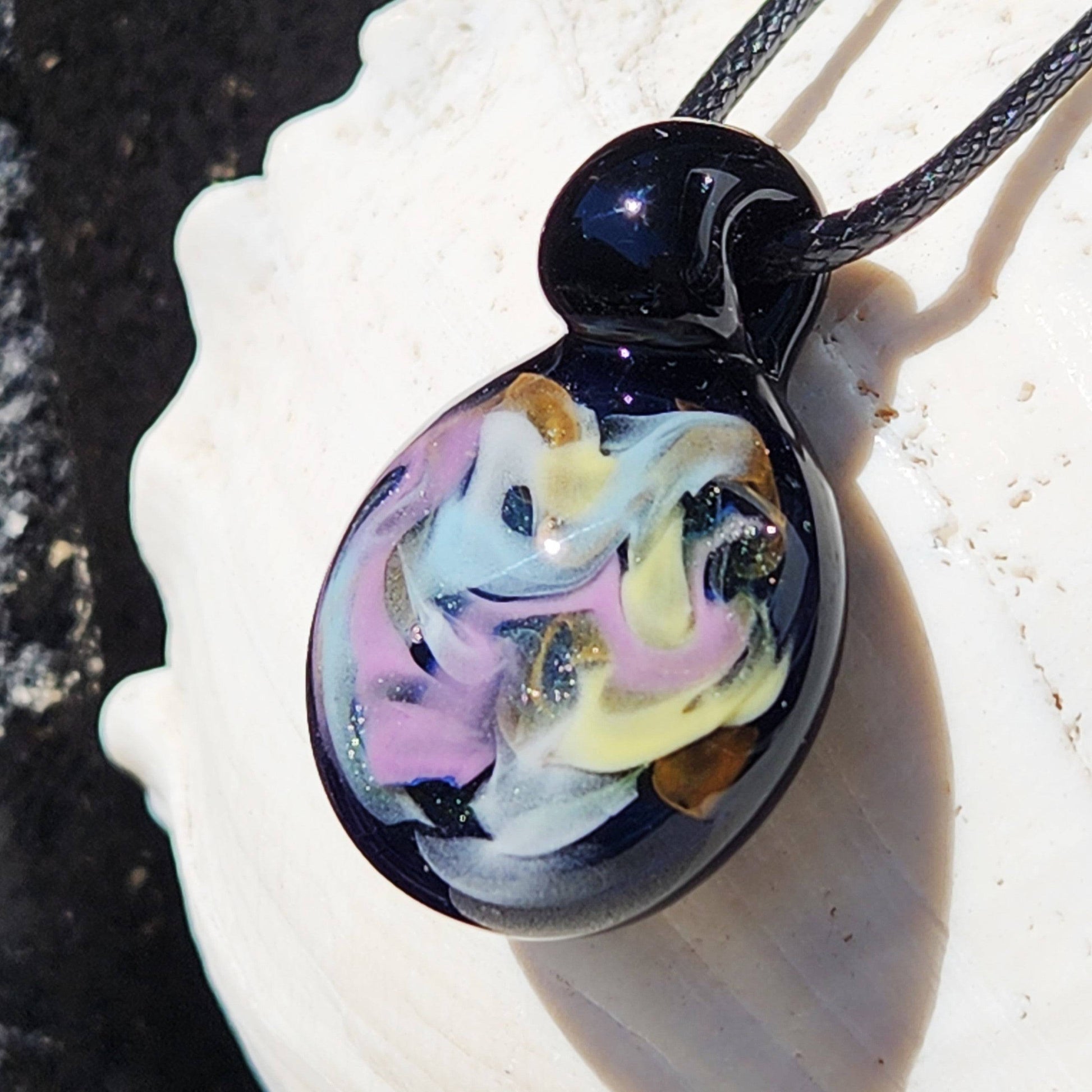 Handmade Blown Glass Pendant: Colorful Wisps with Gold Accents on Adjustable Cord - Perfect Gift Idea! DragonFireGlass
