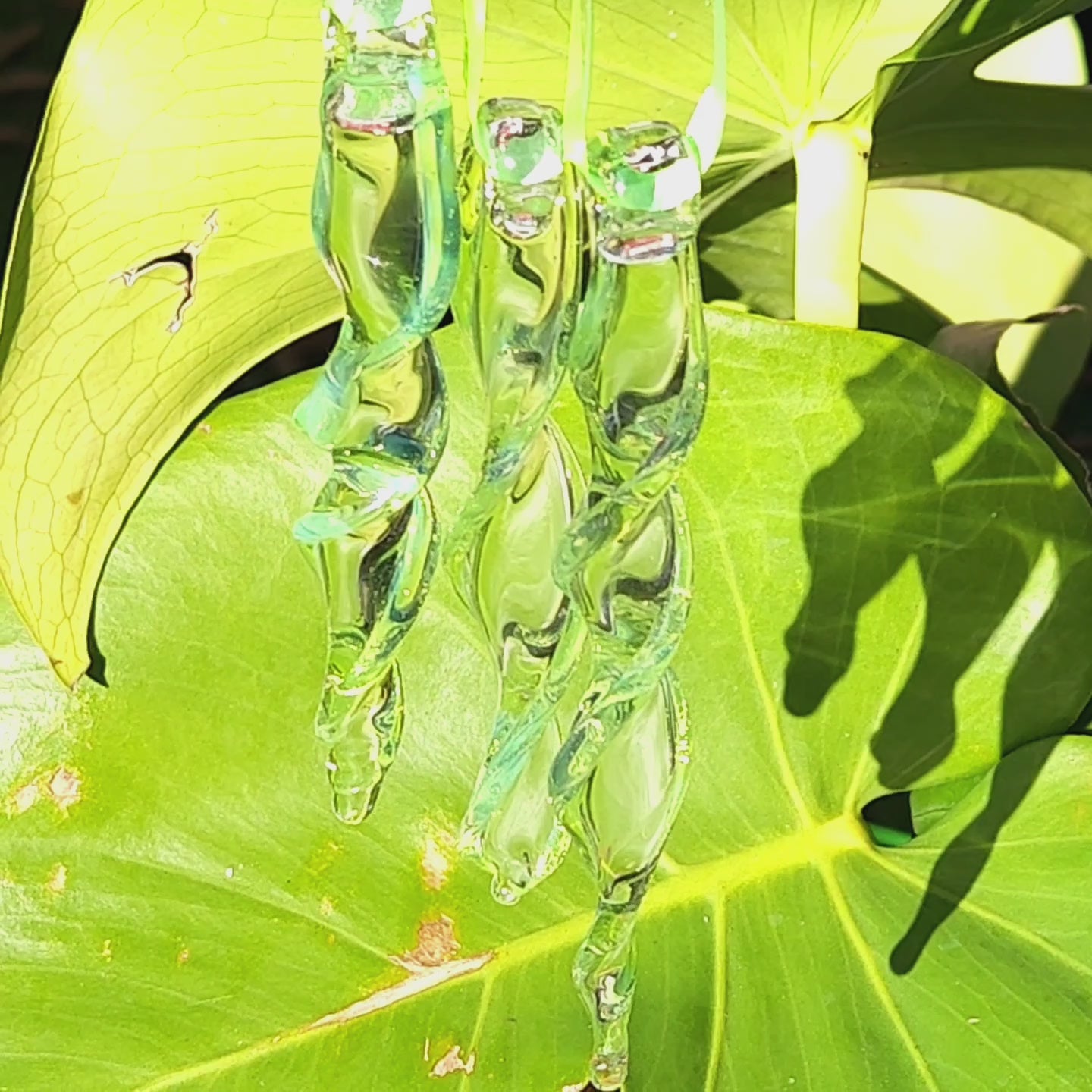 Lime green spiral glass suncatchers hanging against large green leaves, catching sunlight and adding sparkle to garden decor.