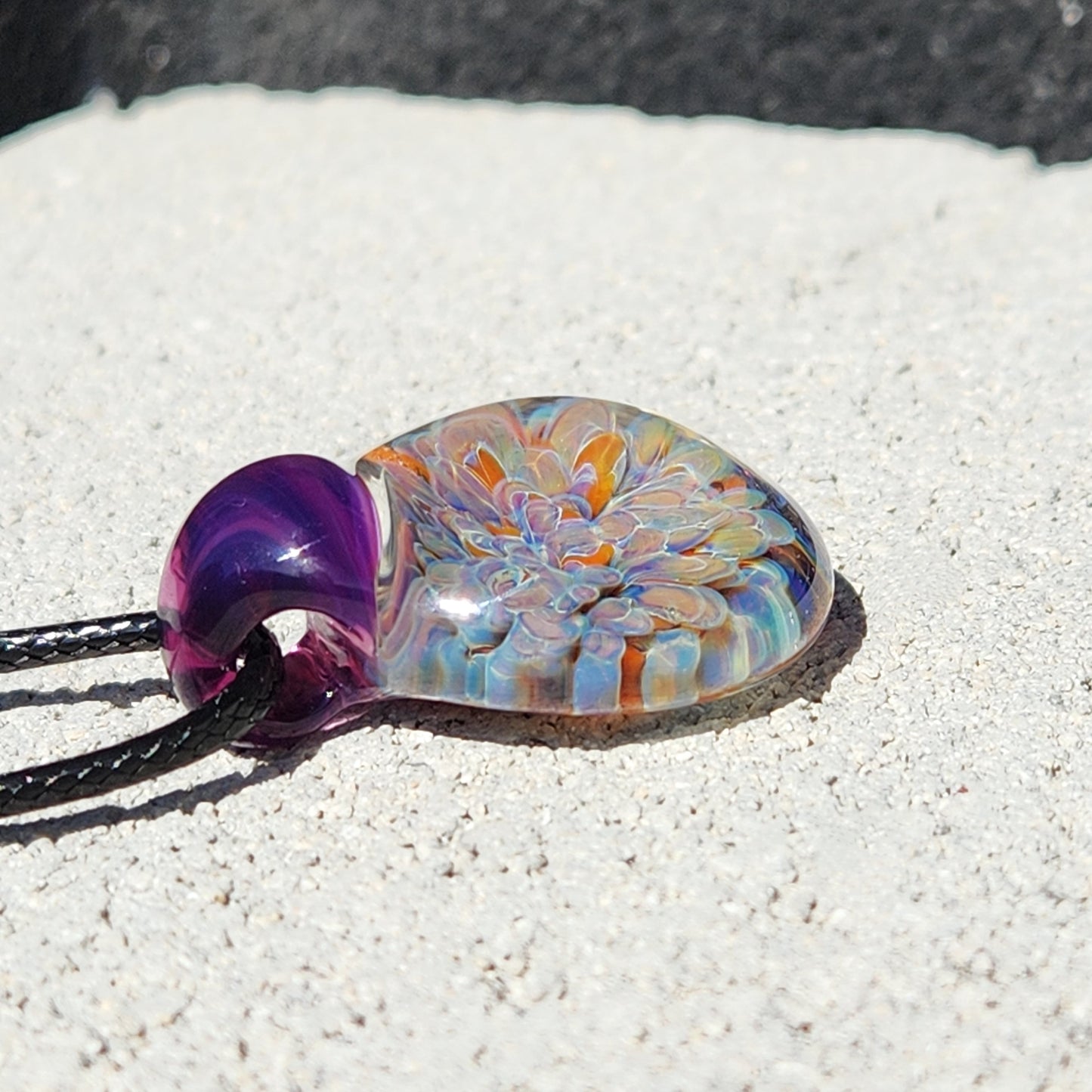 Blown Glass Pendant Necklace. Splash with Purple Trippy glass pendant