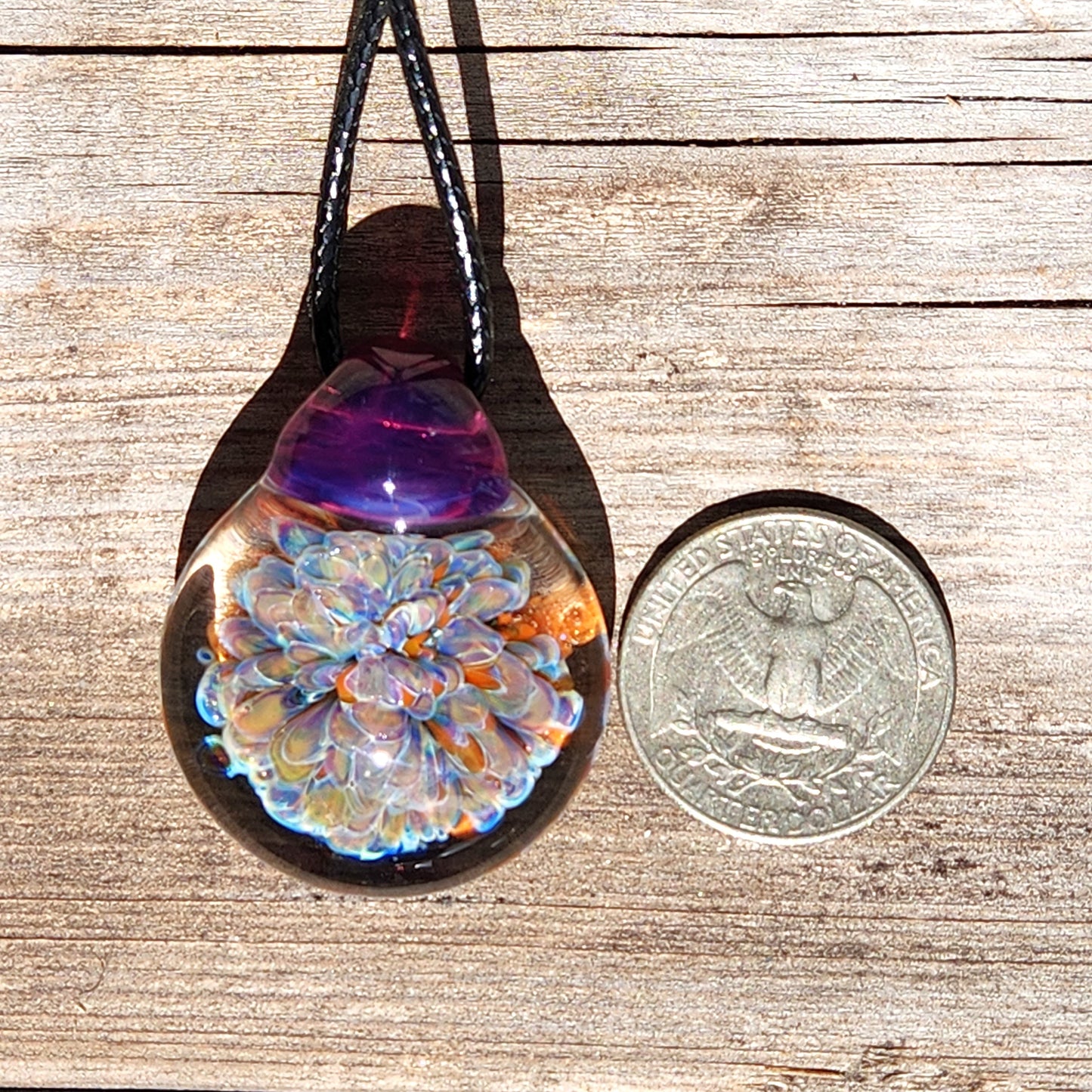 Blown Glass Pendant Necklace. Splash with Purple Trippy glass pendant