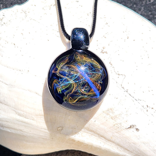 Cosmic Elegance: Handcrafted Glass Pendant with Silver, Gold, and Purple Accents