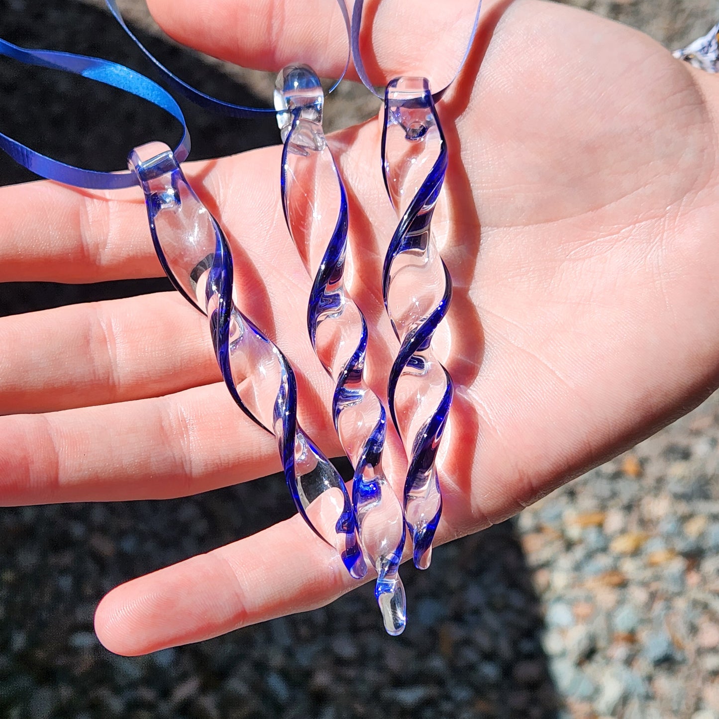 Set of 3 Blue Glass Icicle Ornaments – Handmade Christmas Decorations, Gift-Wrapped