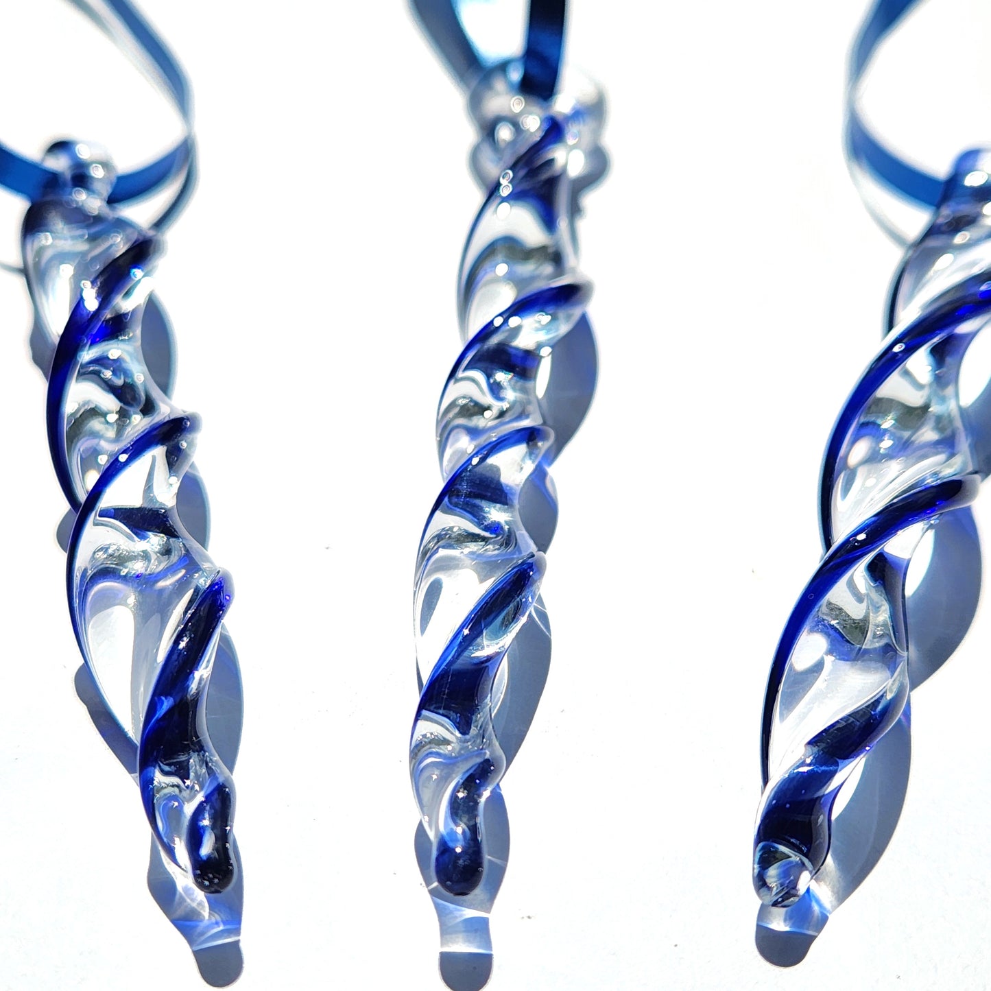 Set of 3 Blue Glass Icicle Ornaments – Handmade Christmas Decorations, Gift-Wrapped