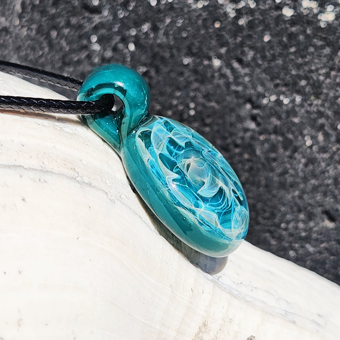 Turquoise Glass Pendant Necklace with Silver Swirls