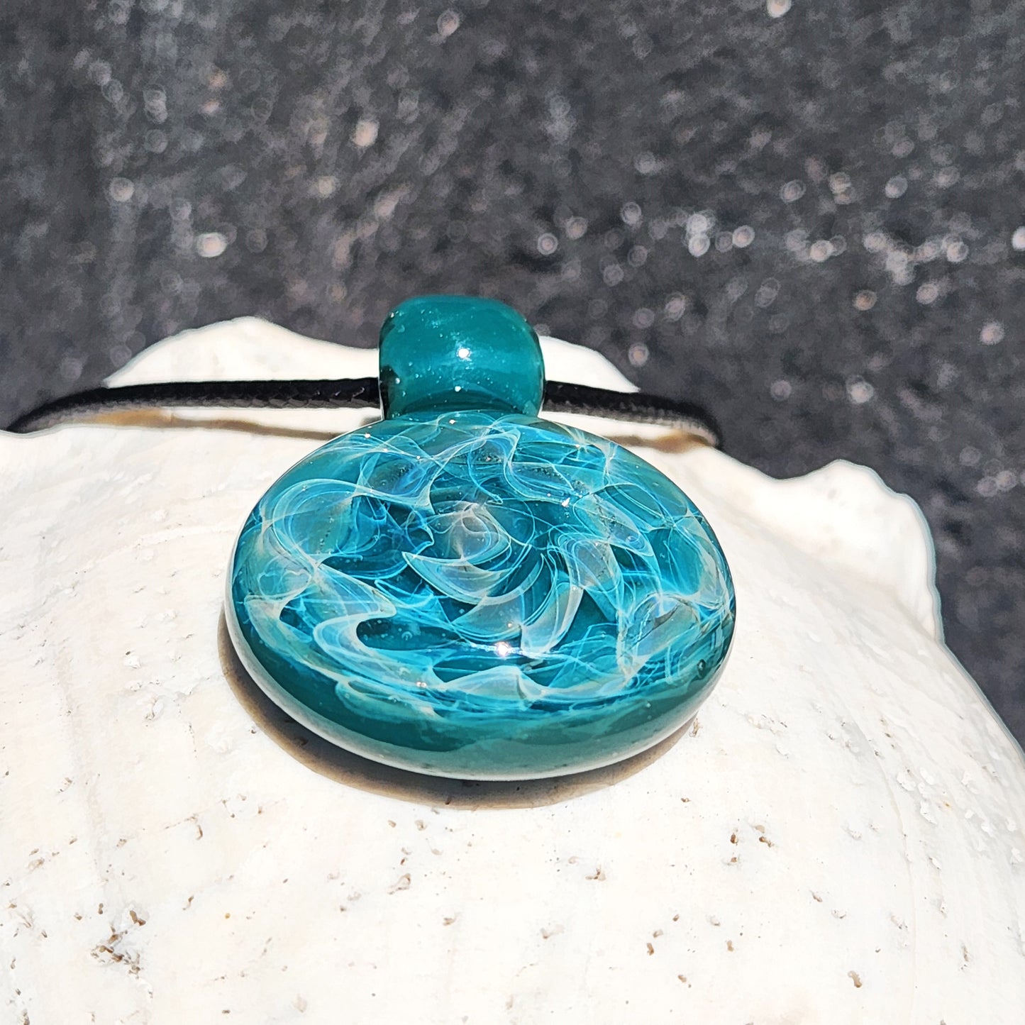 Turquoise Glass Pendant Necklace with Silver Swirls