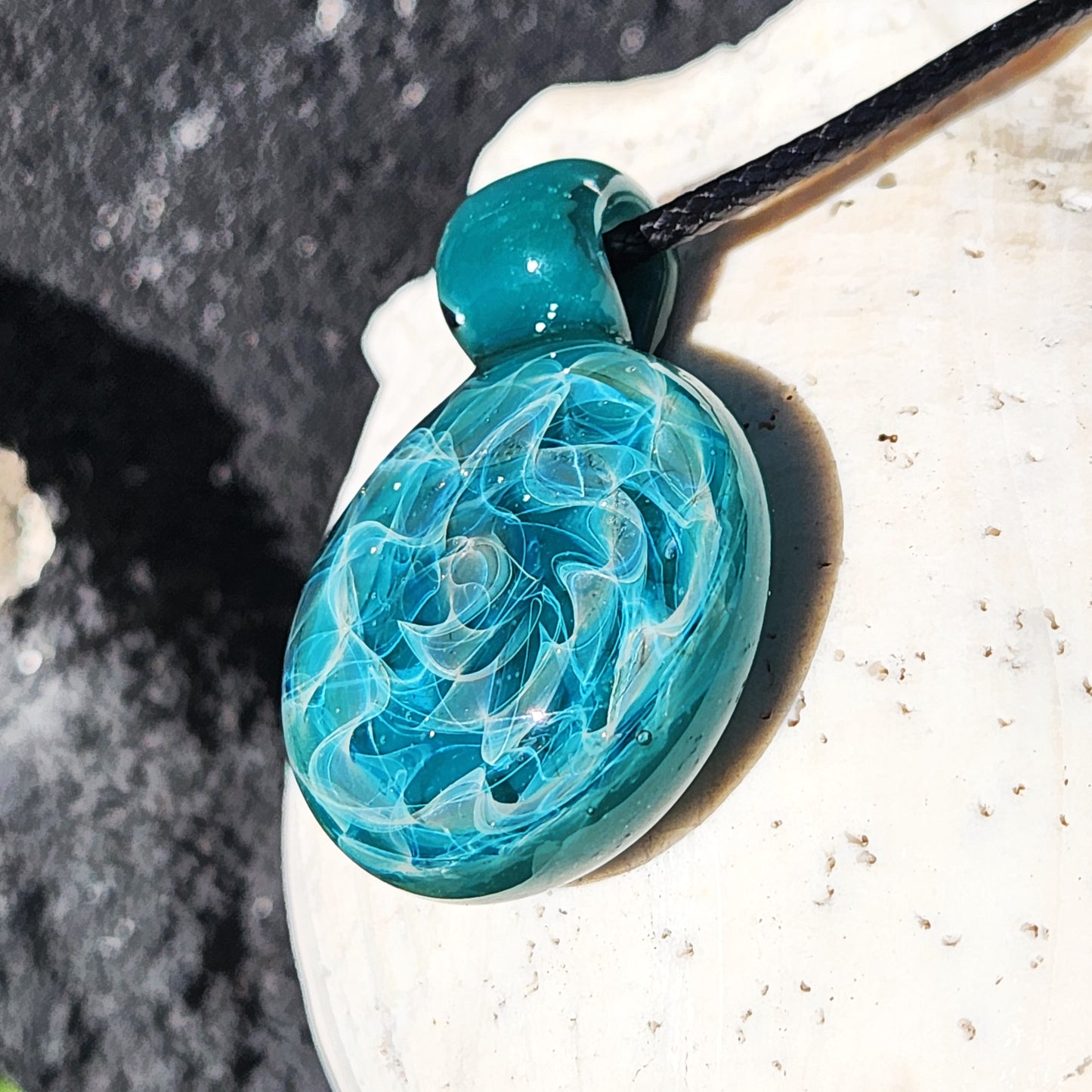 Turquoise Glass Pendant Necklace with Silver Swirls