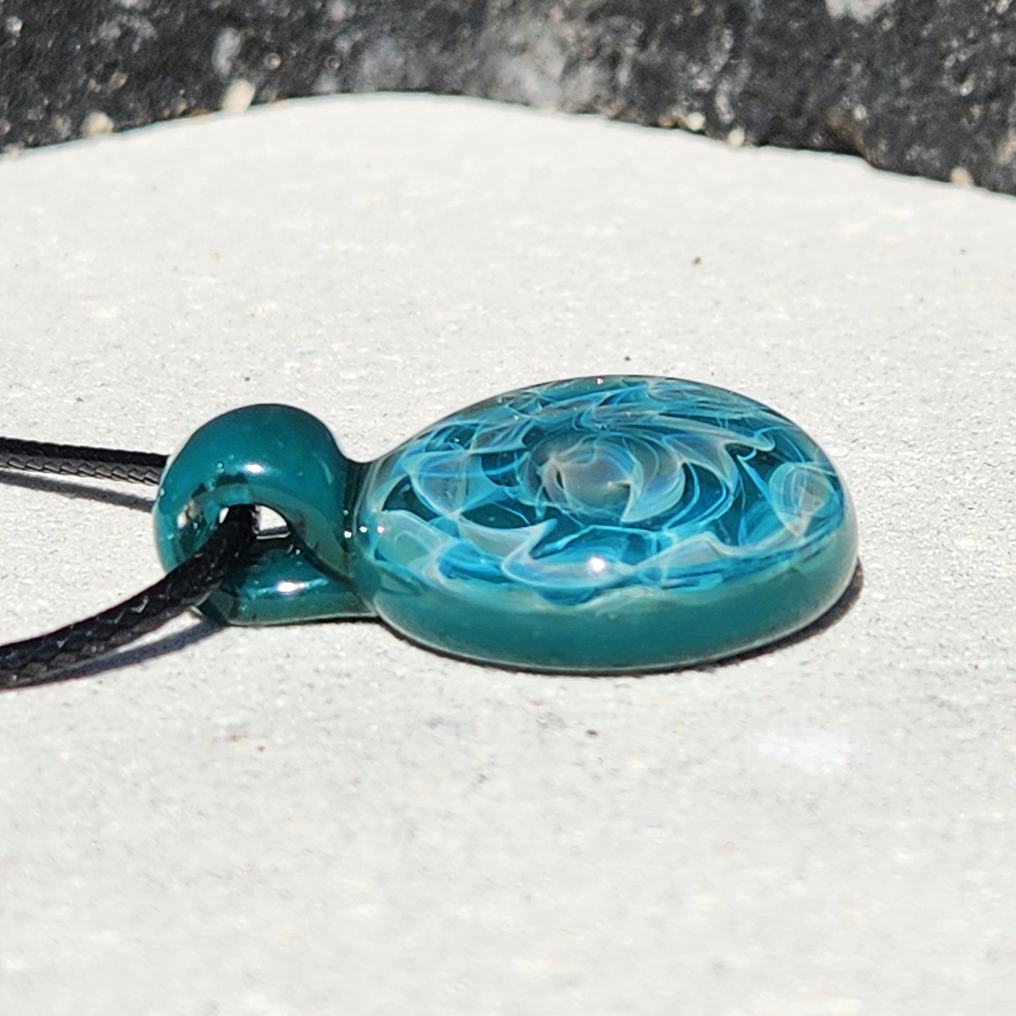 Turquoise Glass Pendant Necklace with Silver Swirls