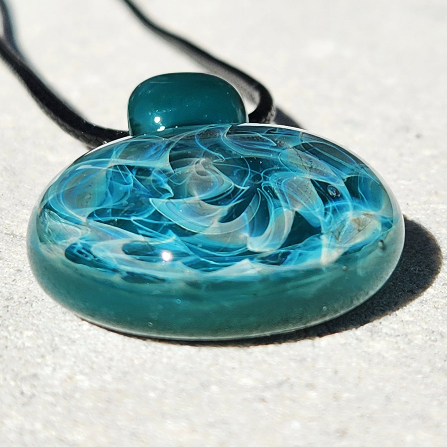 Turquoise Glass Pendant Necklace with Silver Swirls