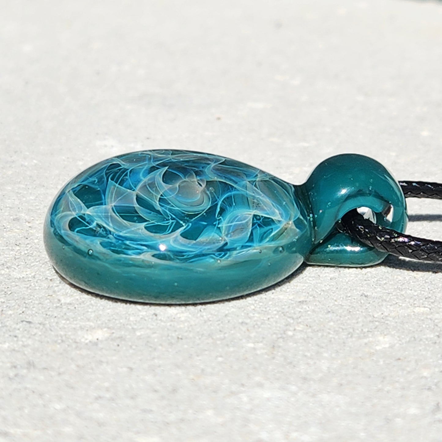 Turquoise Glass Pendant Necklace with Silver Swirls