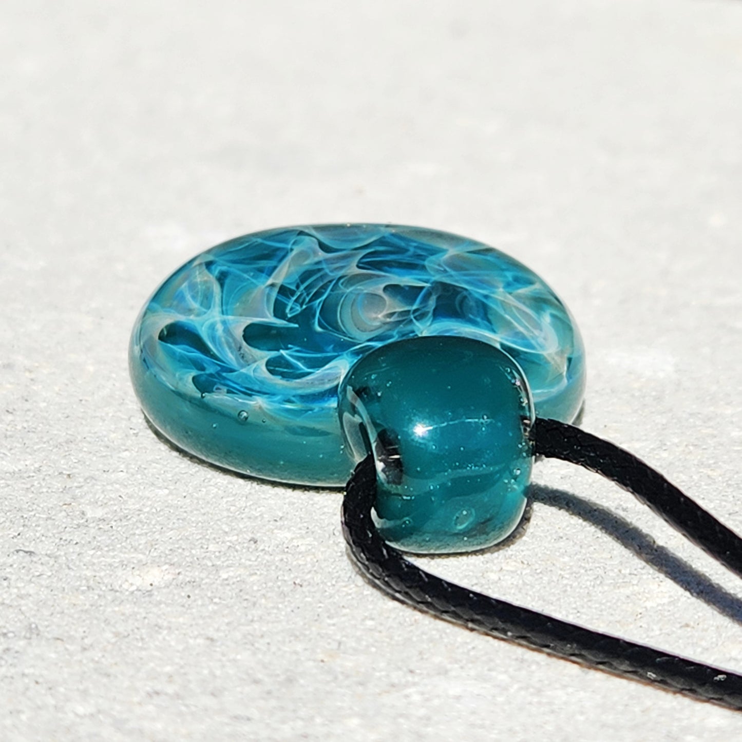 Turquoise Glass Pendant Necklace with Silver Swirls