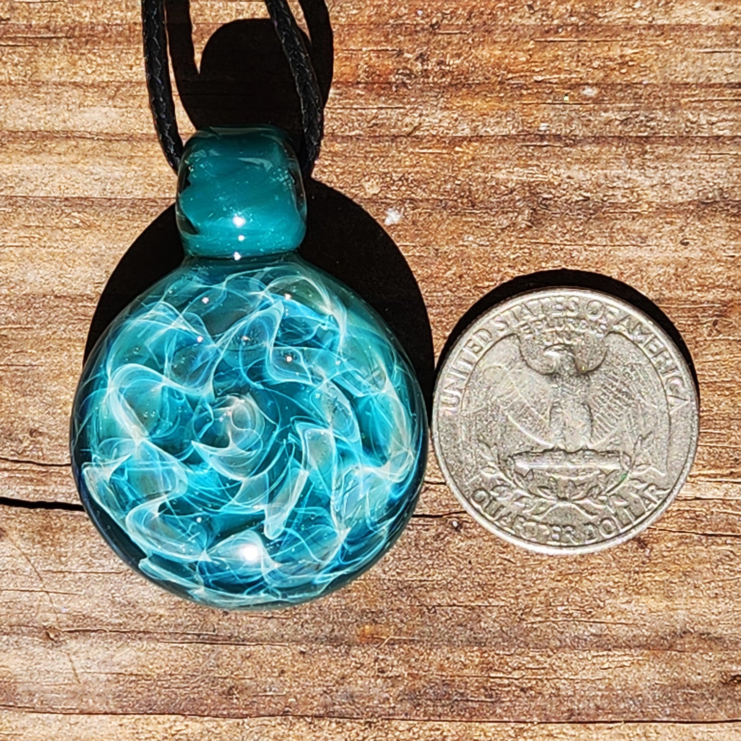 Turquoise Glass Pendant Necklace with Silver Swirls