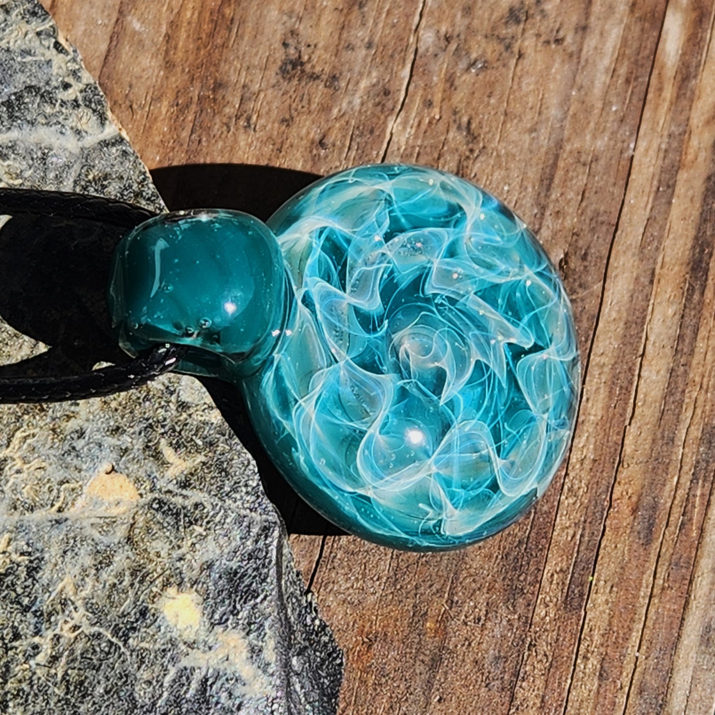 Turquoise Glass Pendant Necklace with Silver Swirls