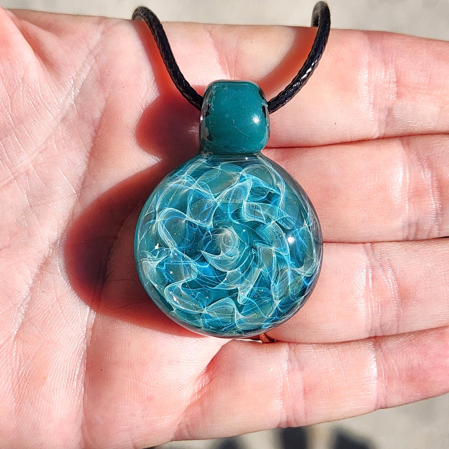 Turquoise Glass Pendant Necklace with Silver Swirls