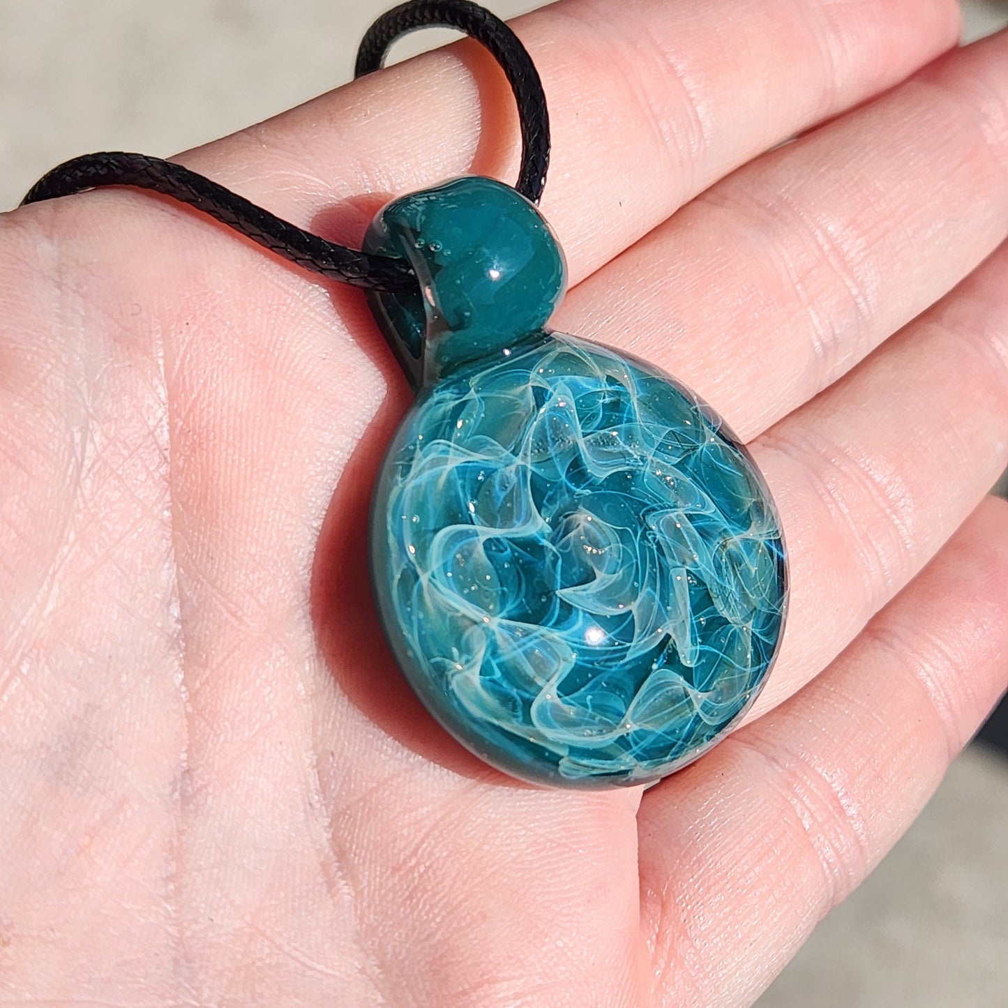 Turquoise Glass Pendant Necklace with Silver Swirls