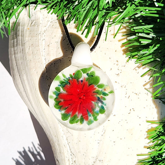 Poinsettia Glass Pendant Necklace – Handmade Holiday Jewelry