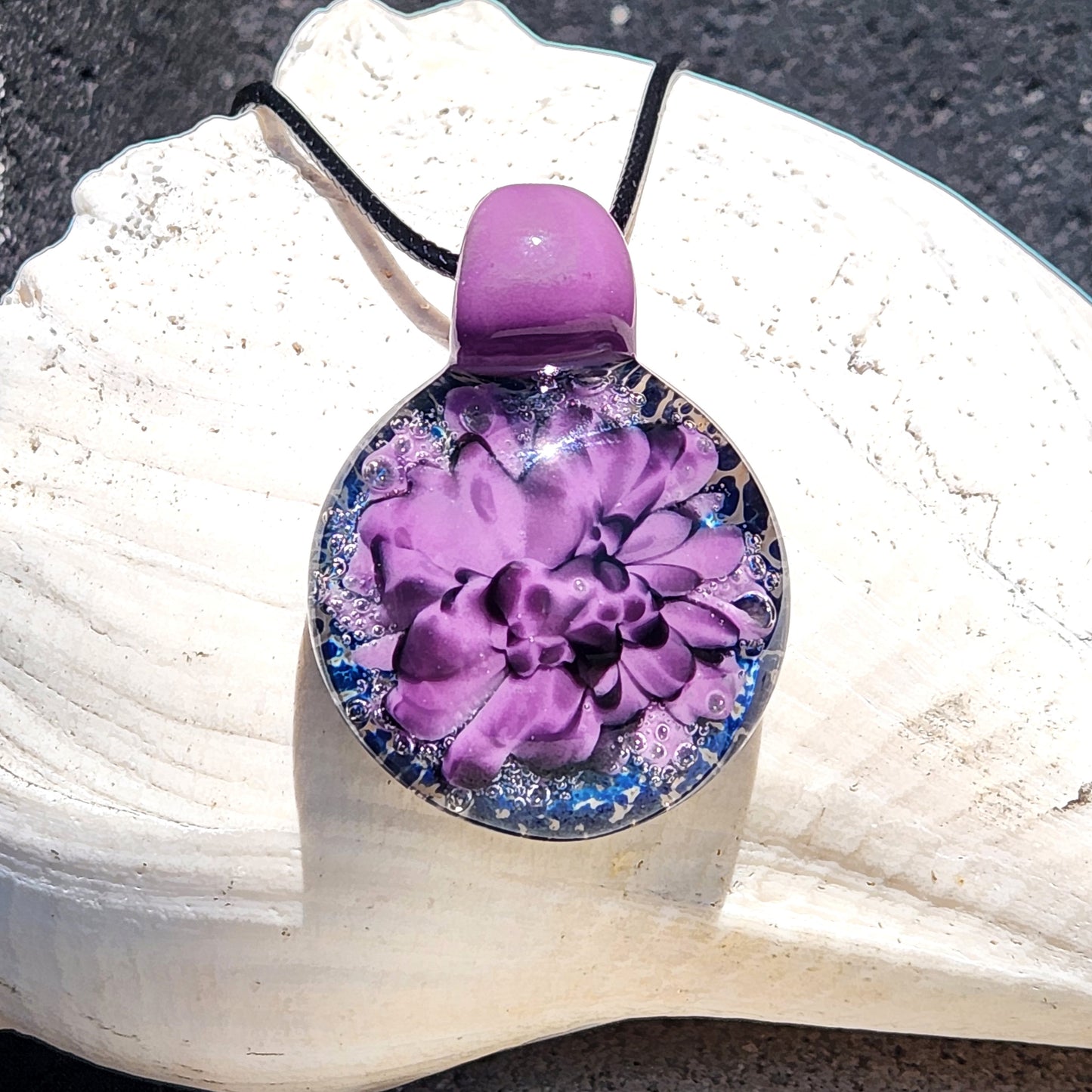 Handblown Borosilicate Glass Pendant: Purple and Black on a Multicolor Background