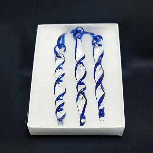 Handmade glass Christmas decoration set featuring three blue and clear twisted icicle ornaments in a white gift box. Ideal for holiday trees or garden décor.